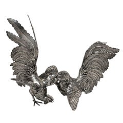 Pair Antique German Silver Fighting Cockerels Rooster Models c. 1900 Continental