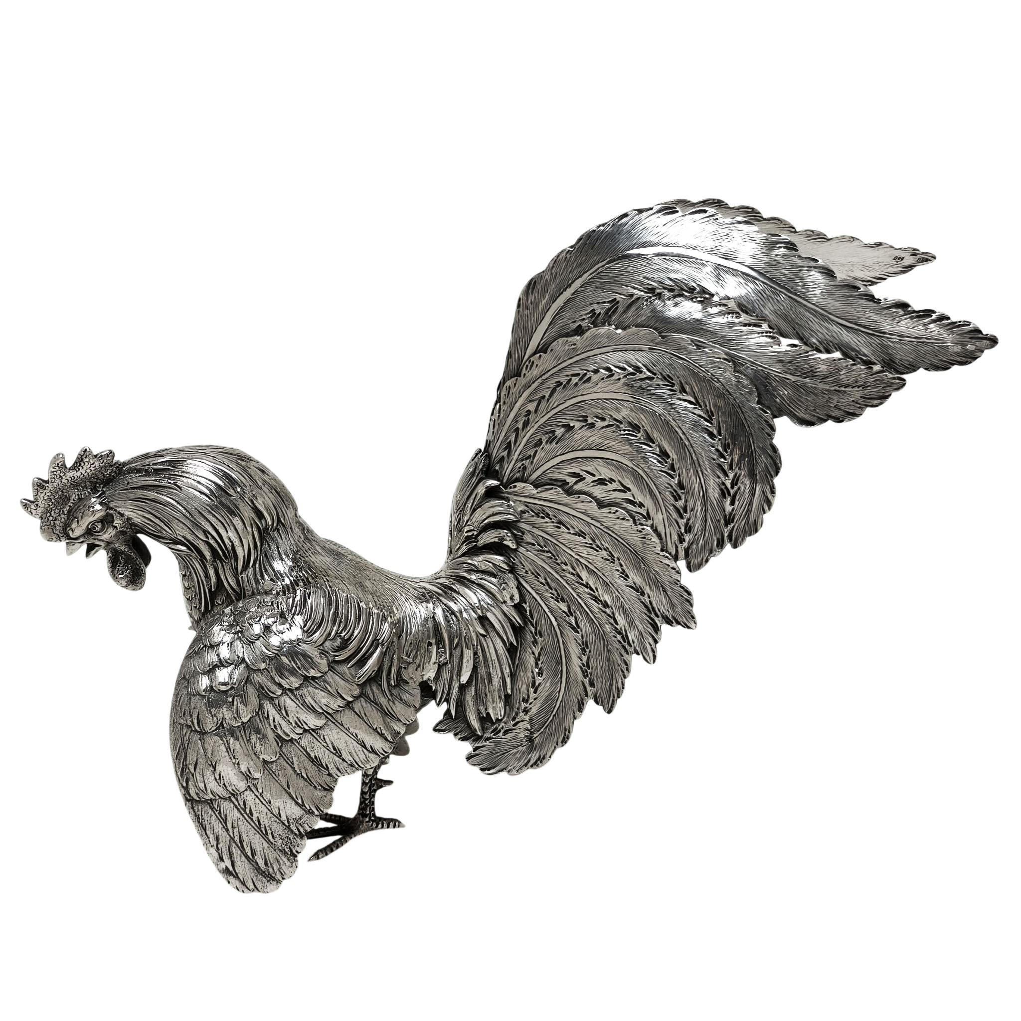 Coppia di antichi galli da combattimento tedeschi in argento Modelli di gallo c. 1900 Continentale in vendita 1