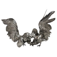 Pair Antique German Silver Fighting Cockerels Rooster Models c. 1900 Continental
