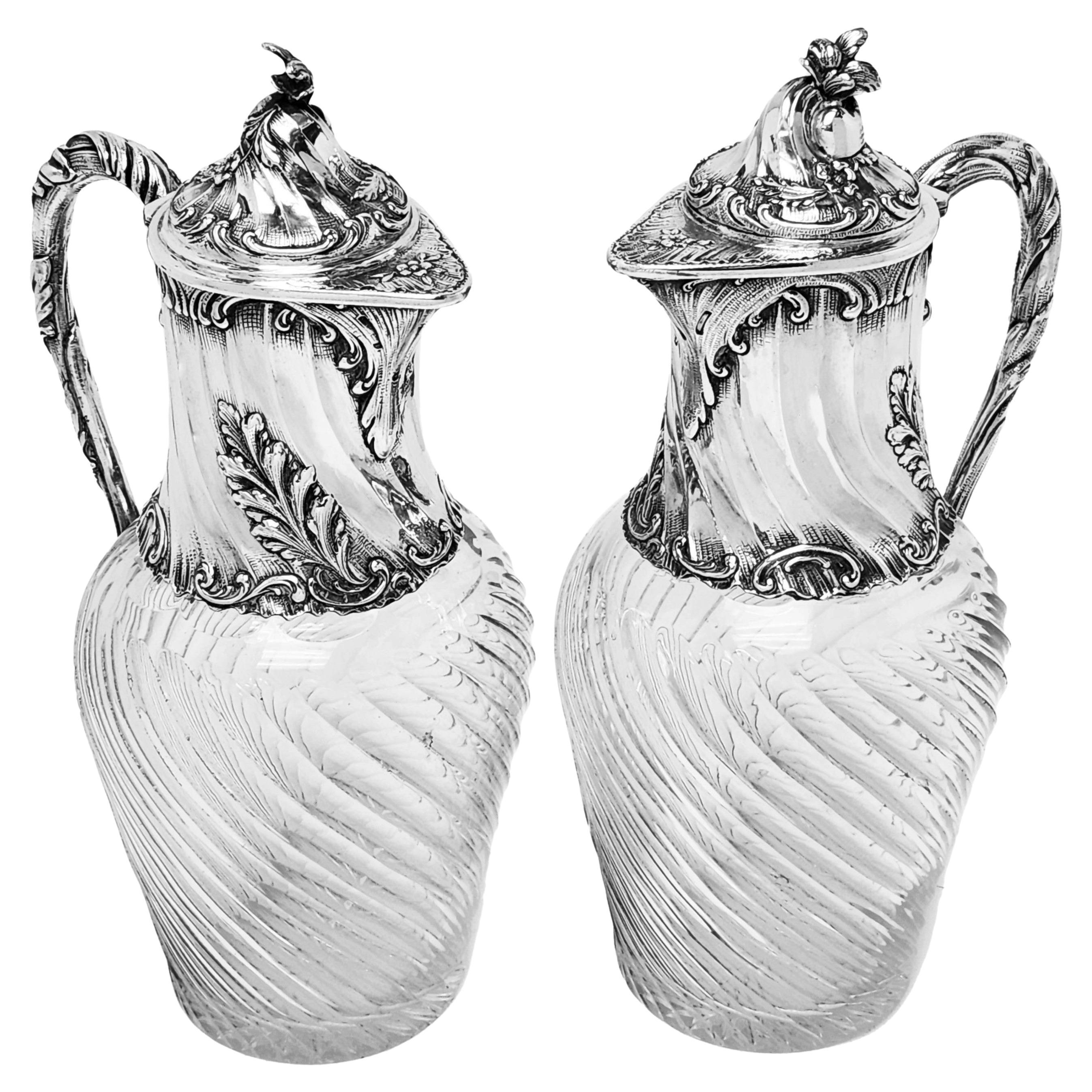 Pair Antique German Silver & Glass Claret Jugs c. 1890 Wine Decanter Ewer For Sale