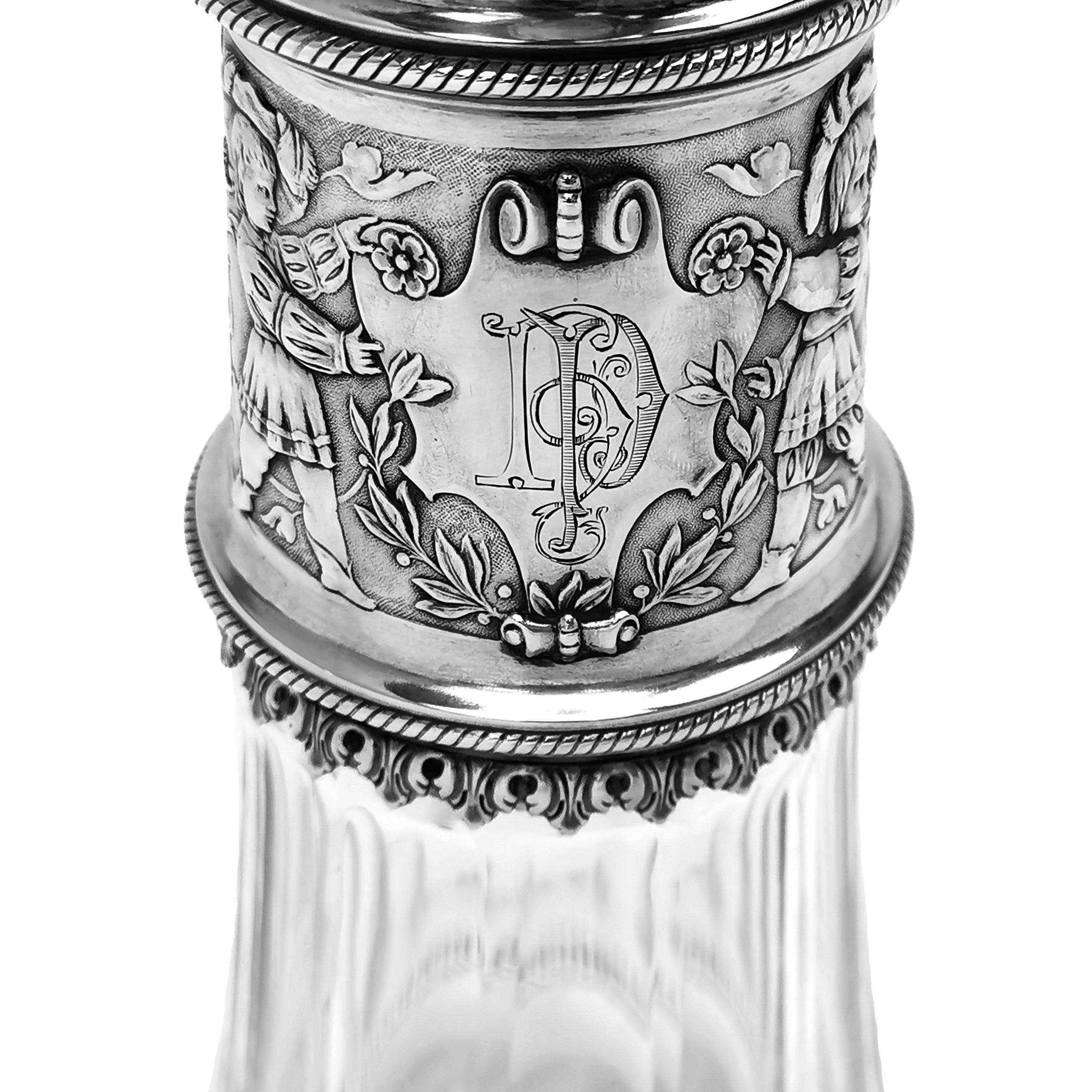 European Pair Antique German Silver & Glass Claret Jugs / Wine Decanters / Ewers c. 1890