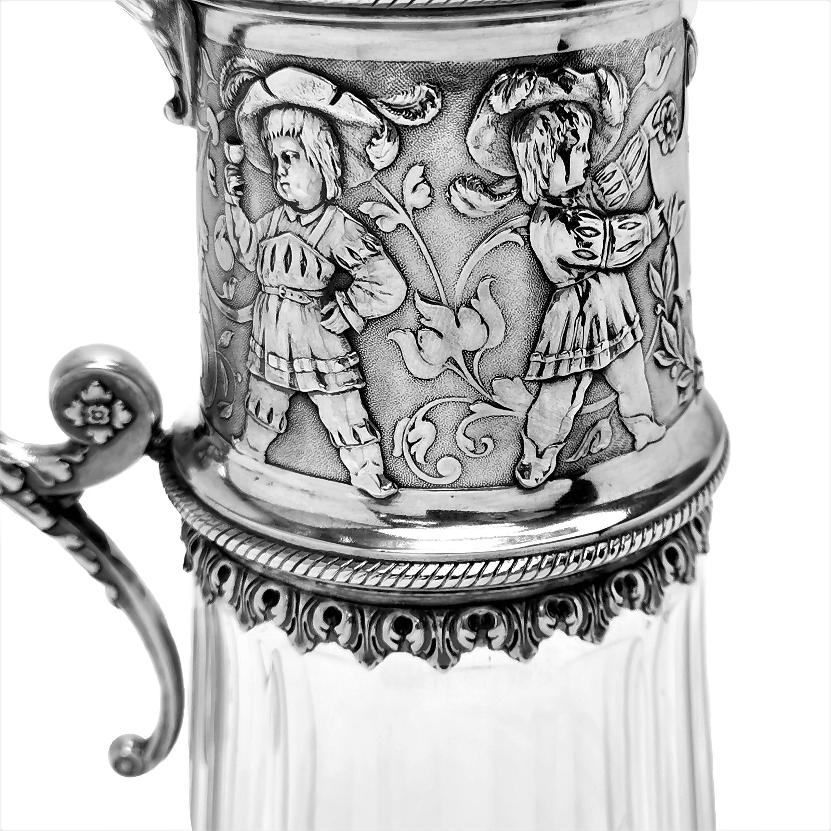 19th Century Pair Antique German Silver & Glass Claret Jugs / Wine Decanters / Ewers c. 1890