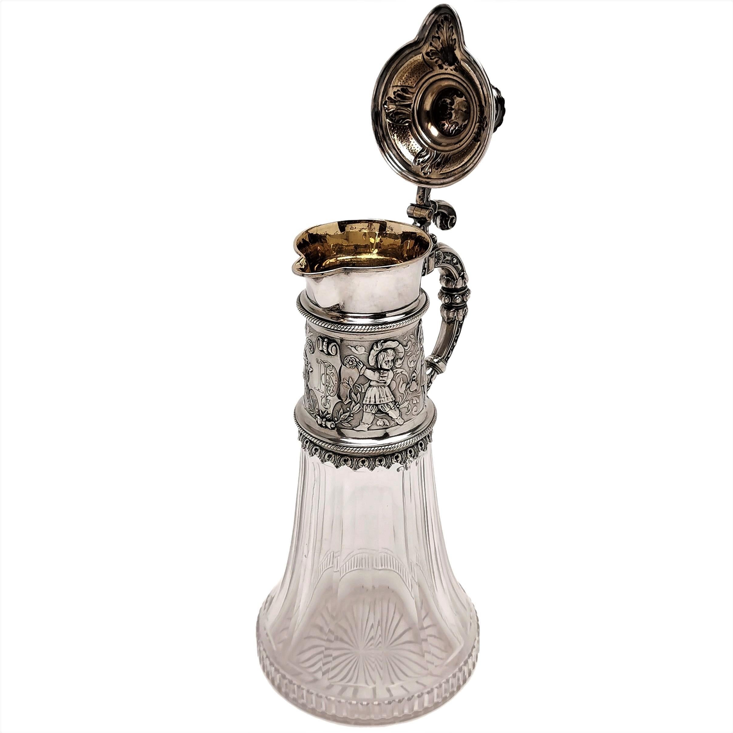 Pair Antique German Silver & Glass Claret Jugs / Wine Decanters / Ewers c. 1890 2