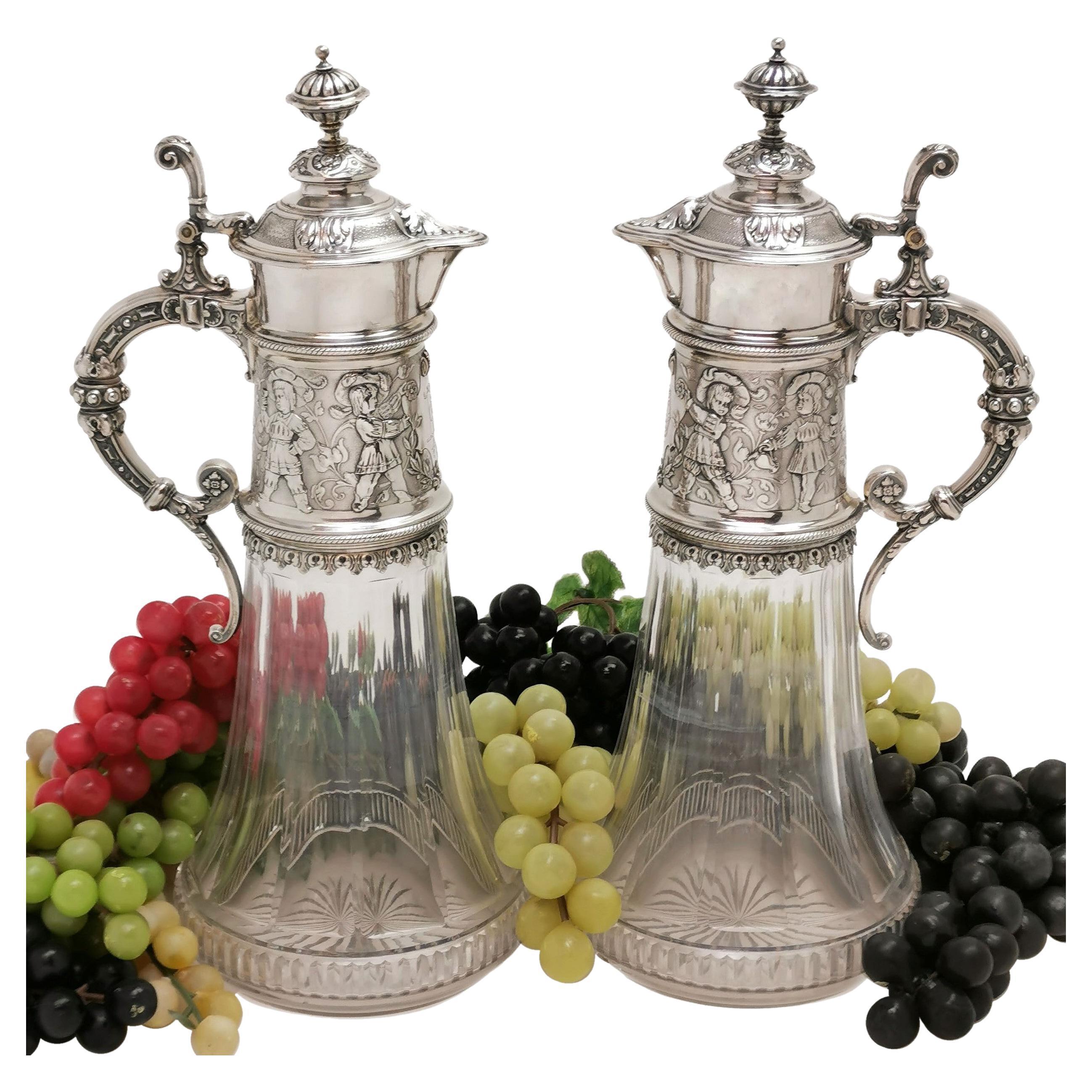 Pair Antique German Silver & Glass Claret Jugs / Wine Decanters / Ewers c. 1890 4