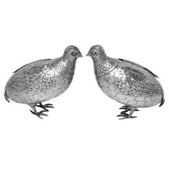 coppia di antichi modelli di uccelli da gallo cedrone in argento tedesco Chester, importazione inglese, Mark 1909