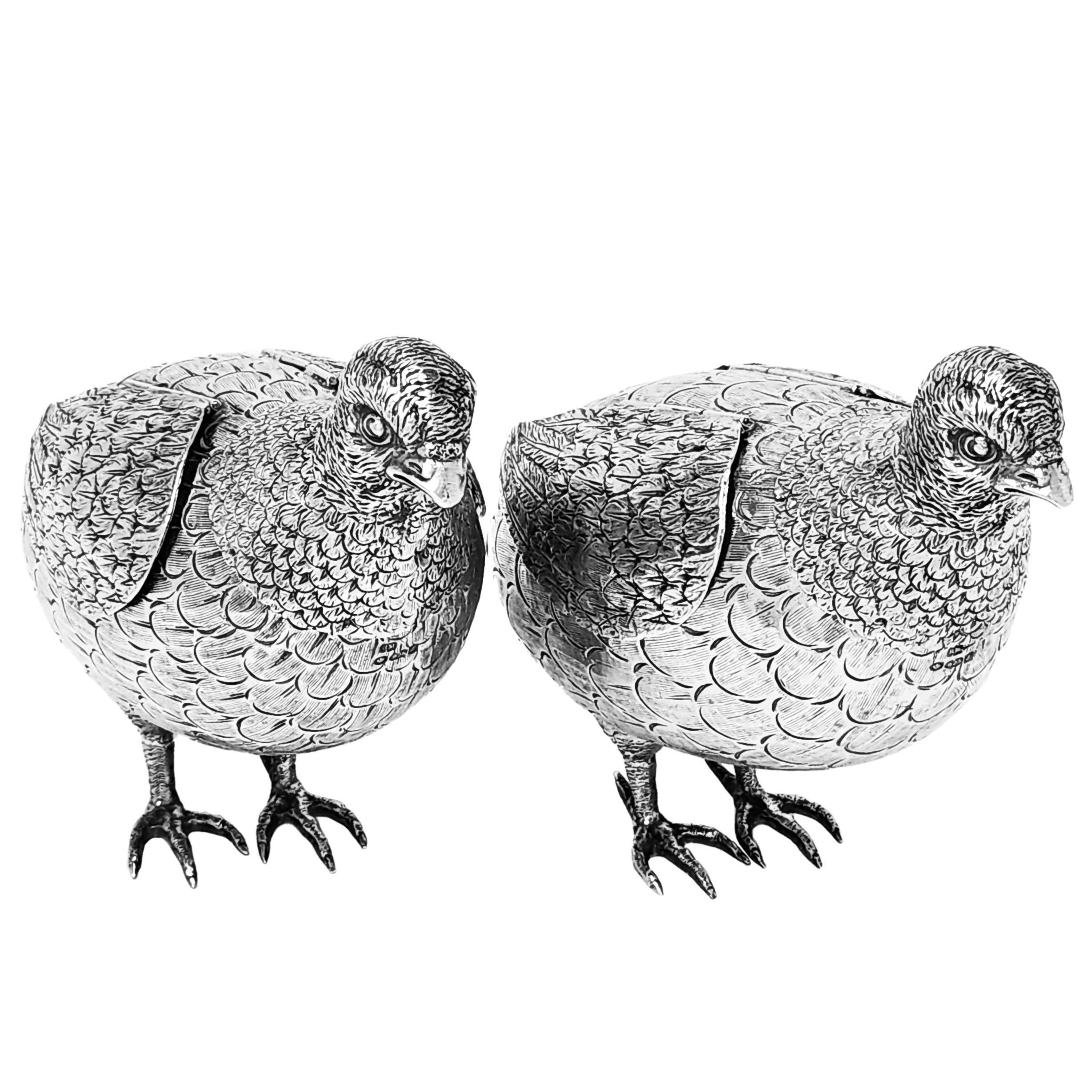 pair Antique German Silver Grouse Bird Models Chester English Import Mark 1909 In Good Condition For Sale In London, GB