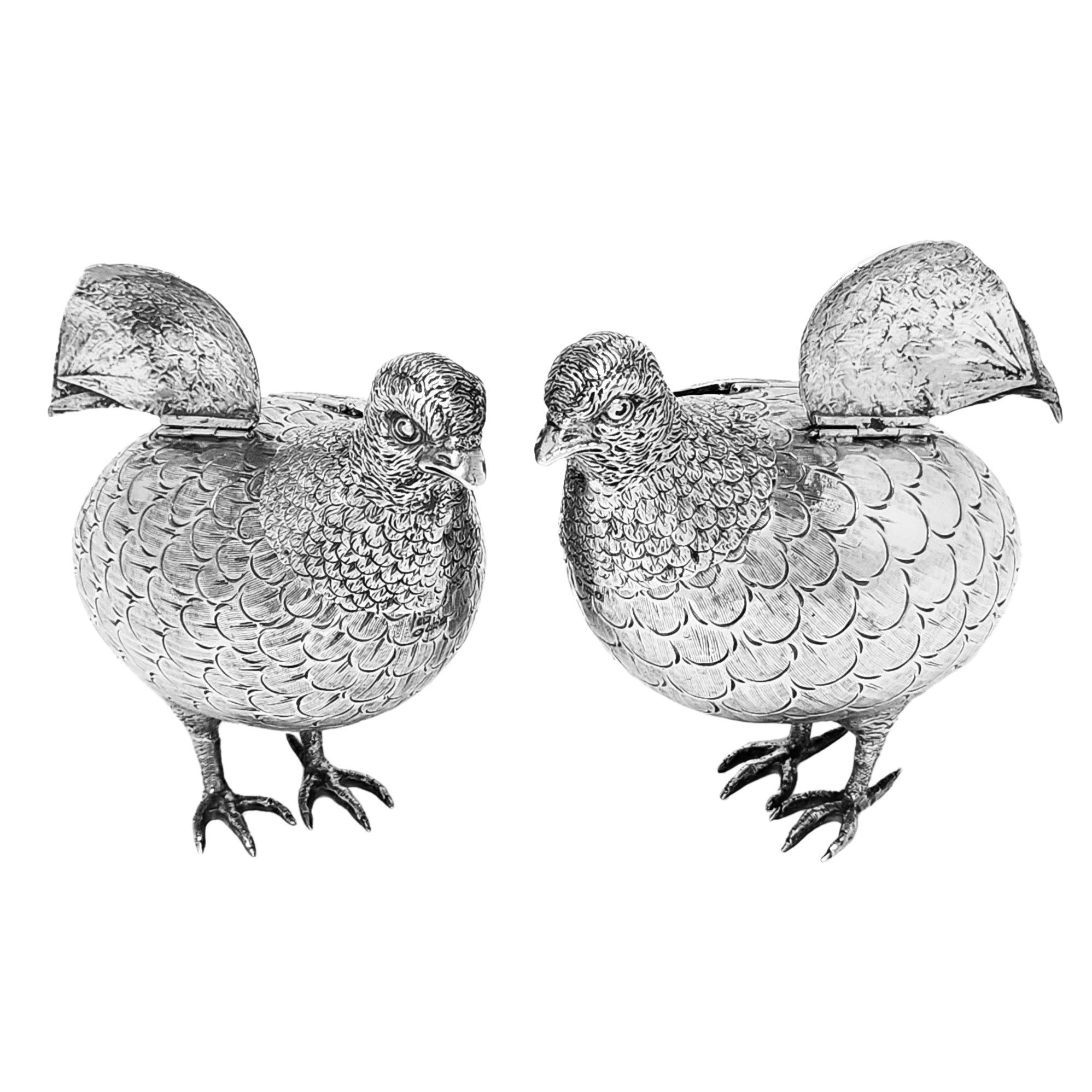 20th Century pair Antique German Silver Grouse Bird Models Chester English Import Mark 1909 For Sale