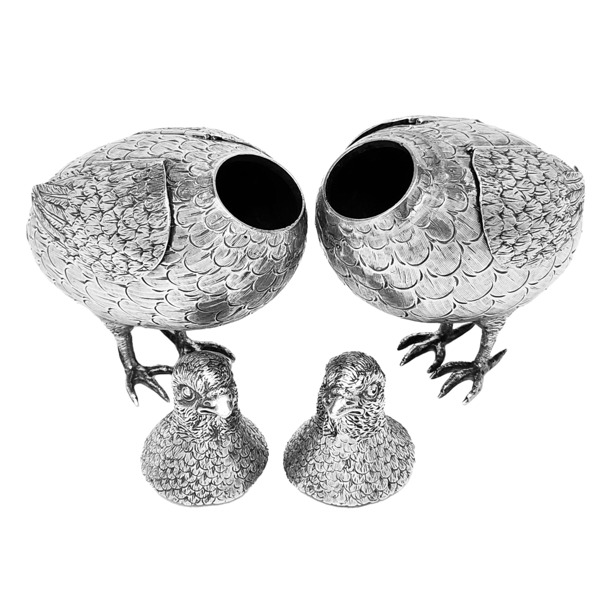 Sterling Silver pair Antique German Silver Grouse Bird Models Chester English Import Mark 1909 For Sale