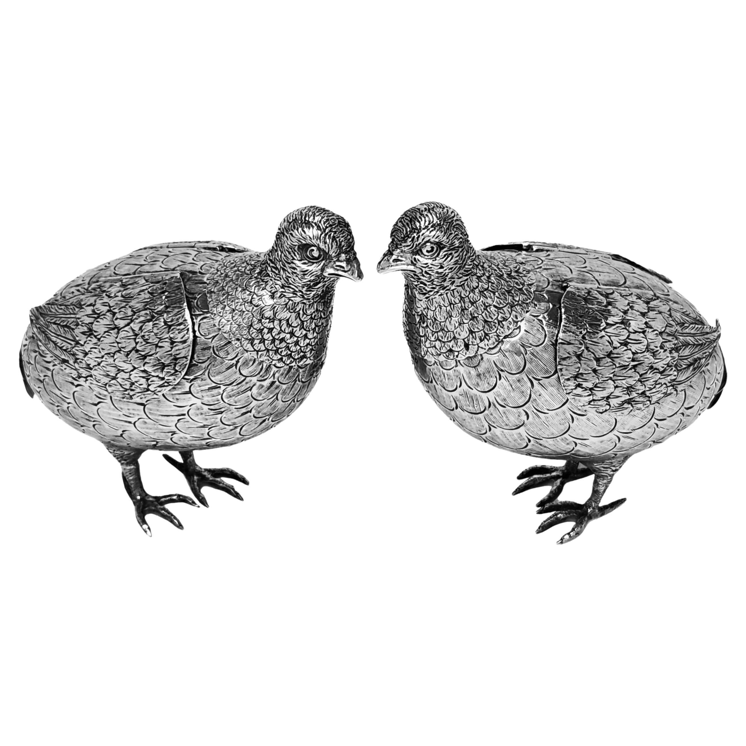 pair Antique German Silver Grouse Bird Models Chester English Import Mark 1909 For Sale
