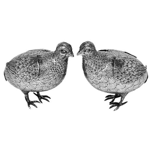 pair Antique German Silver Grouse Bird Models Chester English Import Mark 1909