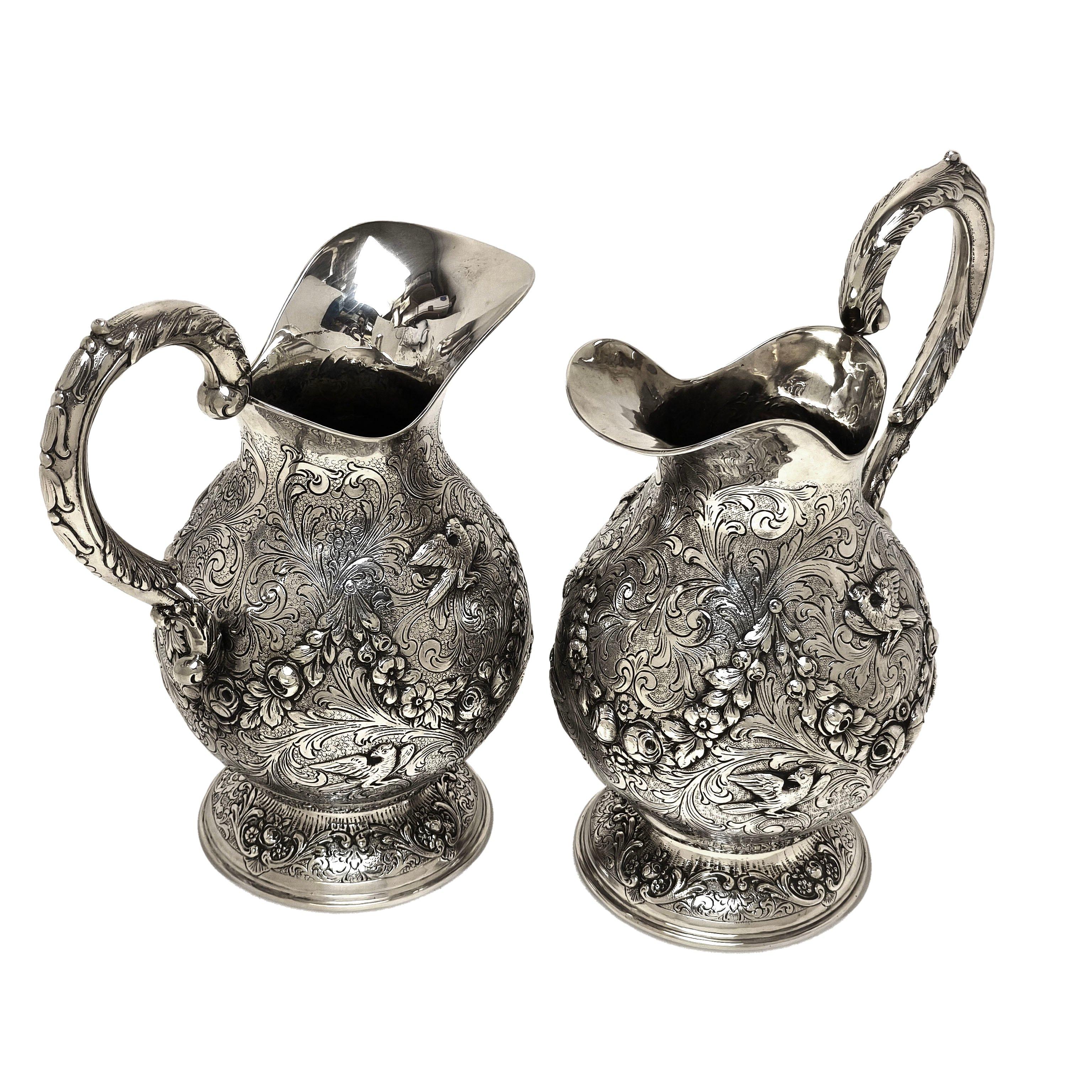 20th Century Pair Antique German Silver Jugs / Pitchers / Ewers c. 1910 Water Wine Claret For Sale