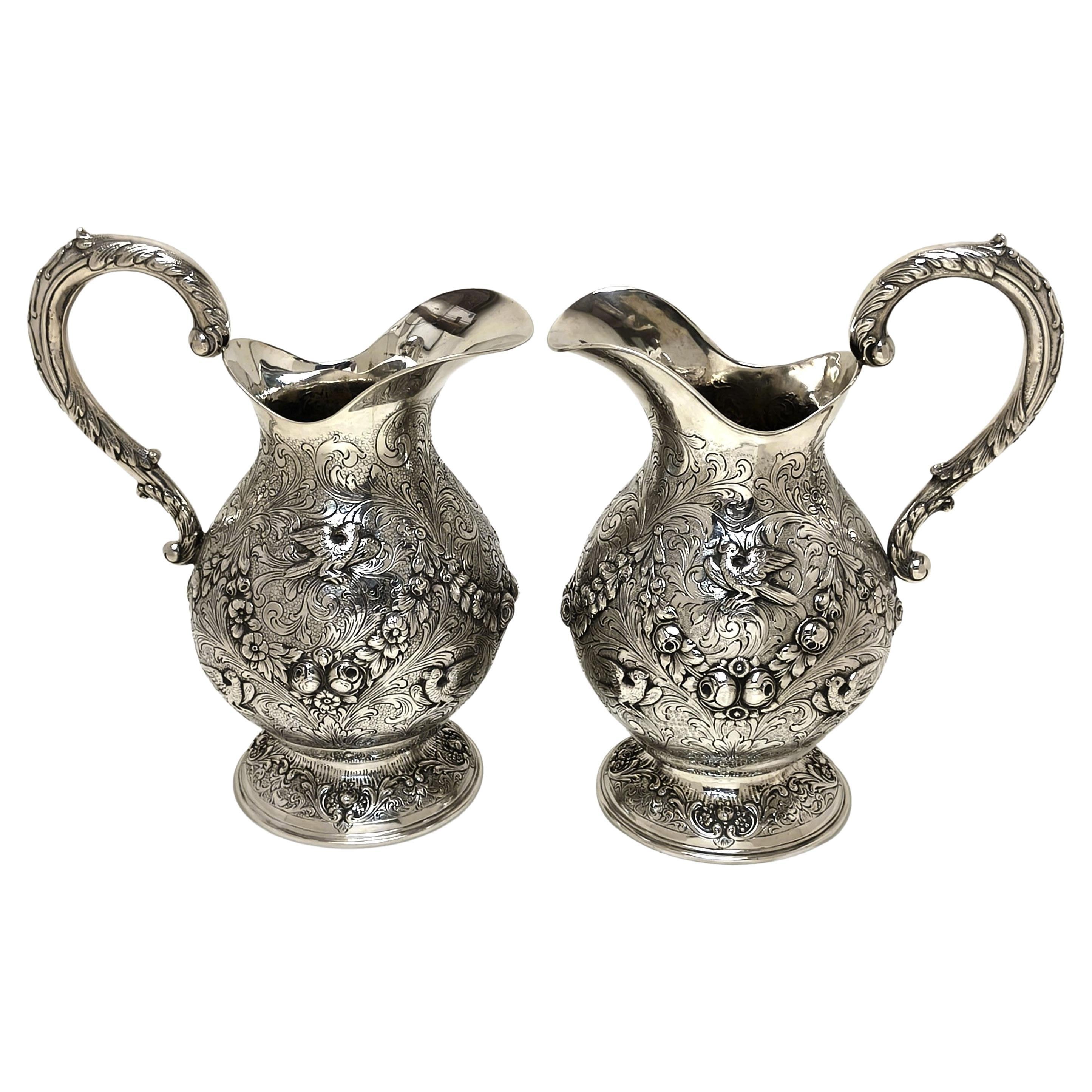 Pair Antique German Silver Jugs / Pitchers / Ewers c. 1910 Water Wine Claret For Sale