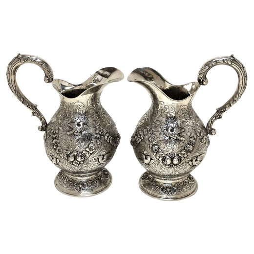 Pair Antique German Silver Jugs / Pitchers / Ewers c. 1910 Water Wine Claret