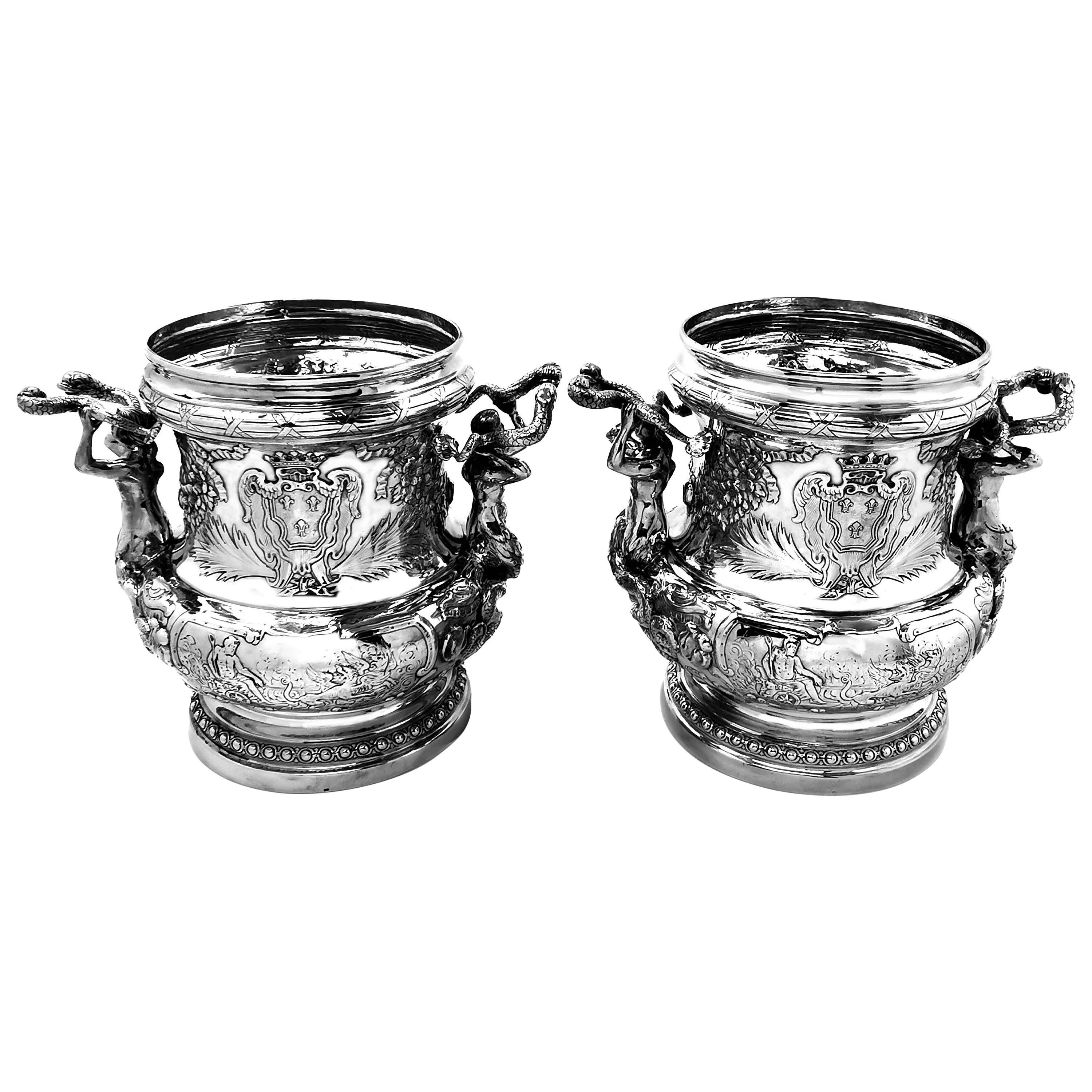 Pair Antique German Silver Wine Champagne Coolers c. 1890 Messonnier Style