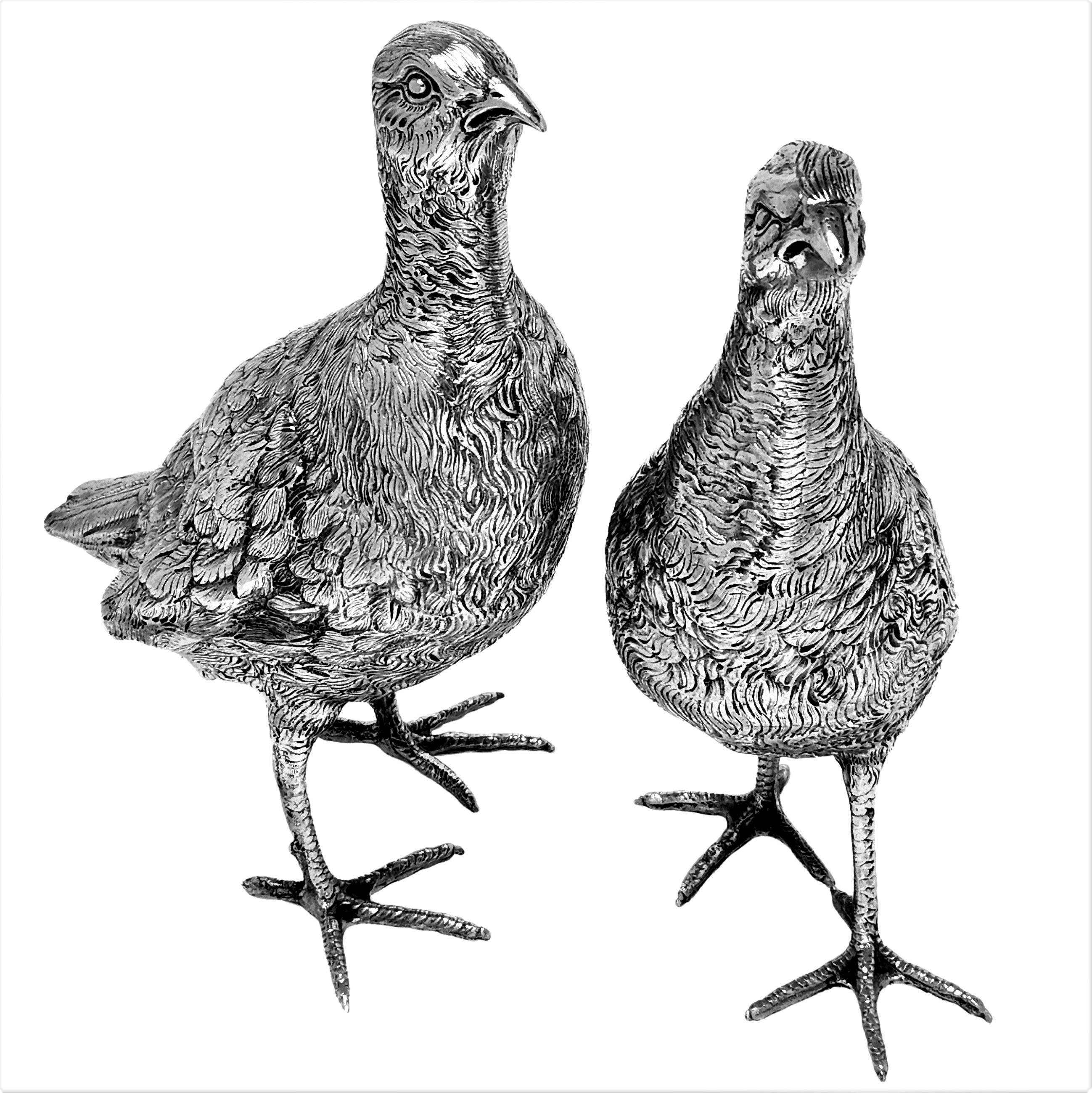 20th Century Pair Antique German Solid Silver Model Grouse / Bird Figures C. 1910