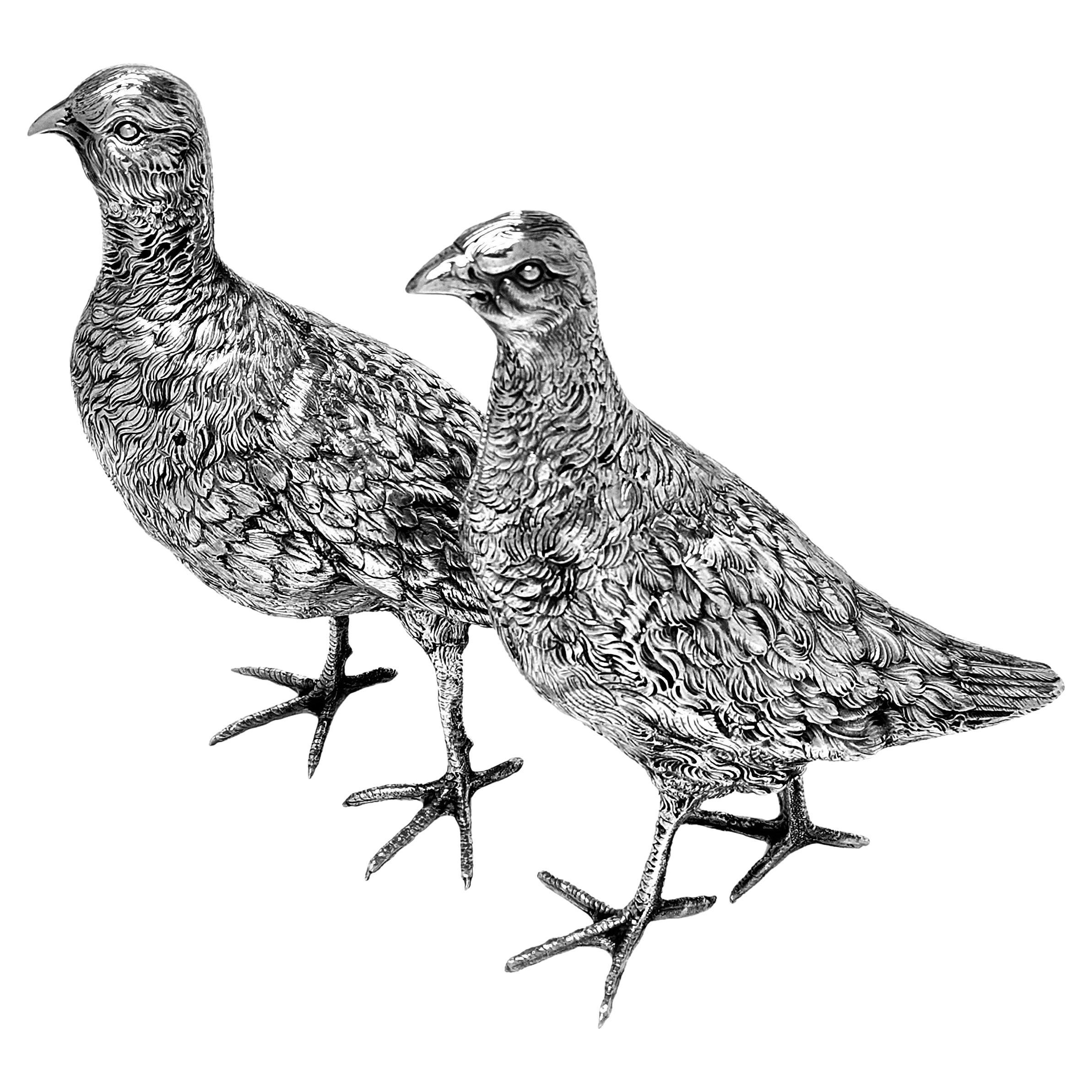 Pair Antique German Solid Silver Model Grouse / Bird Figures C. 1910