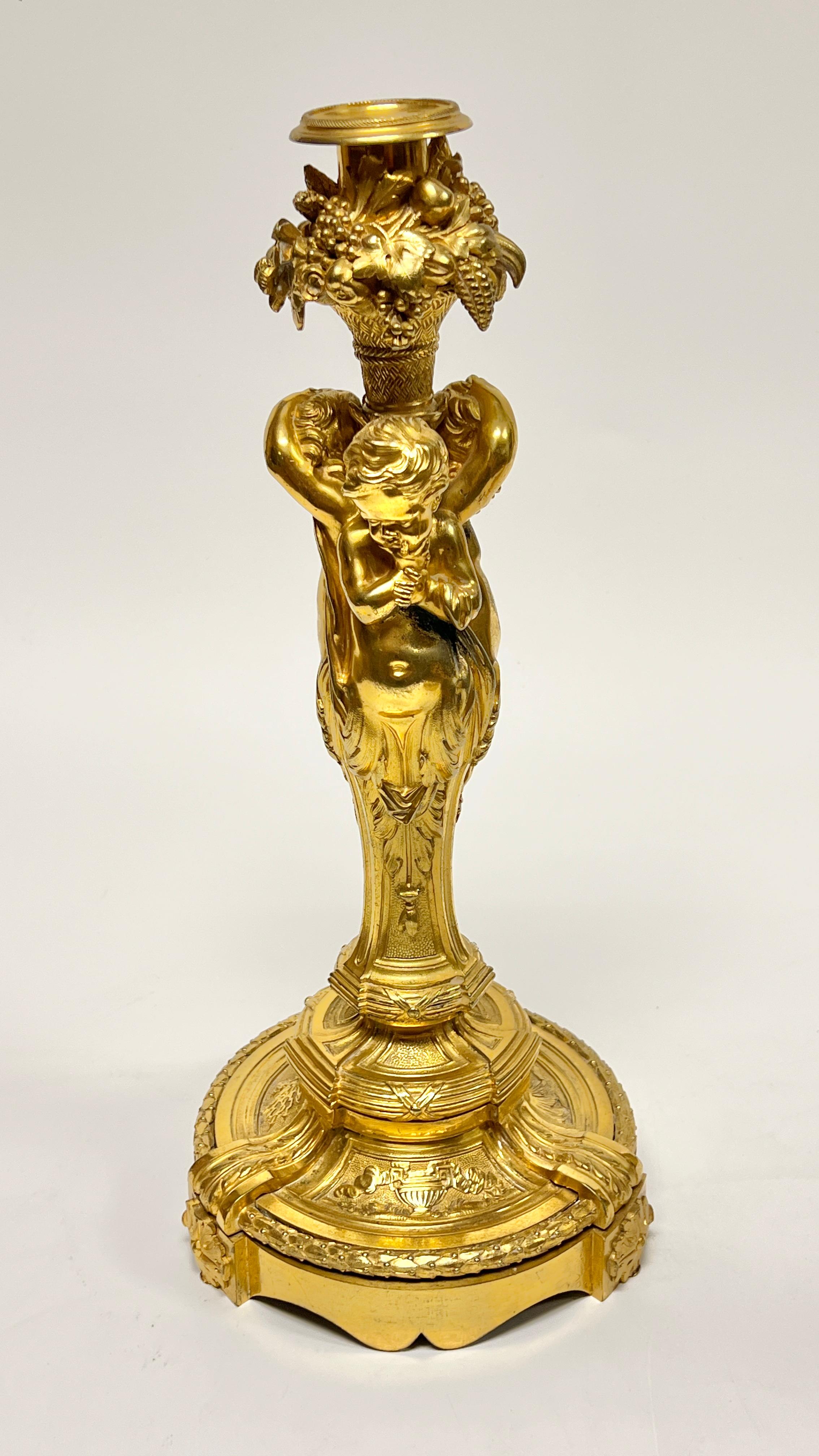 French Pair Antique Gilt Bronze Candlesticks After ... For Sale