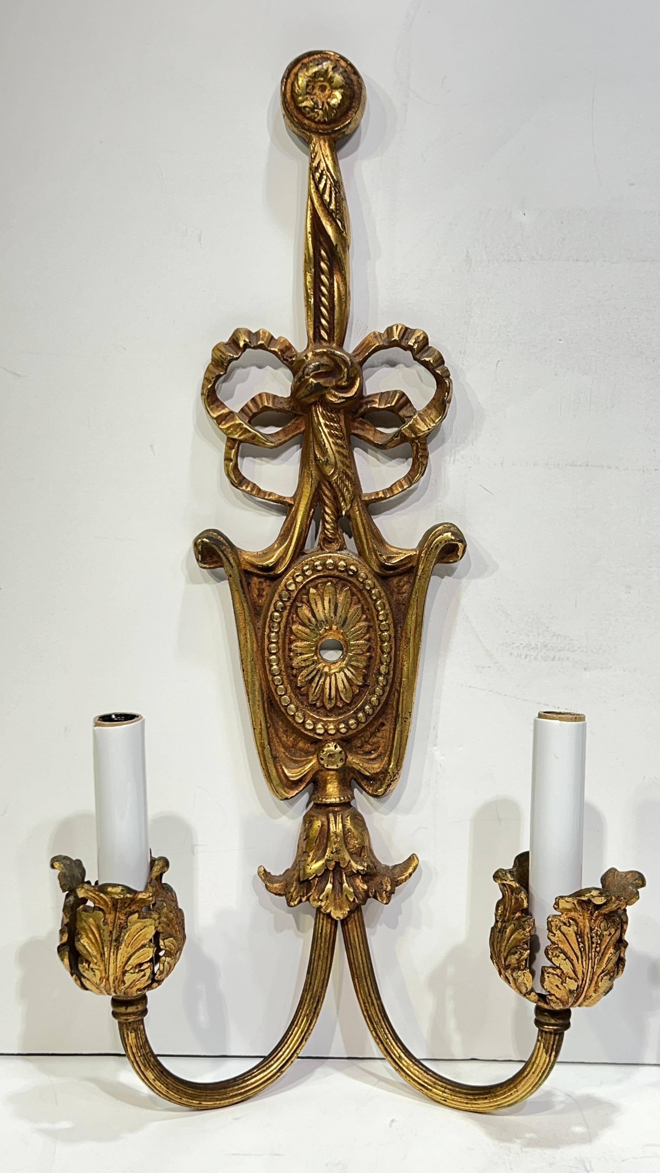 Pair Antique Gilt Bronze French Neoclassical 2-Light Sconces (Französisch) im Angebot