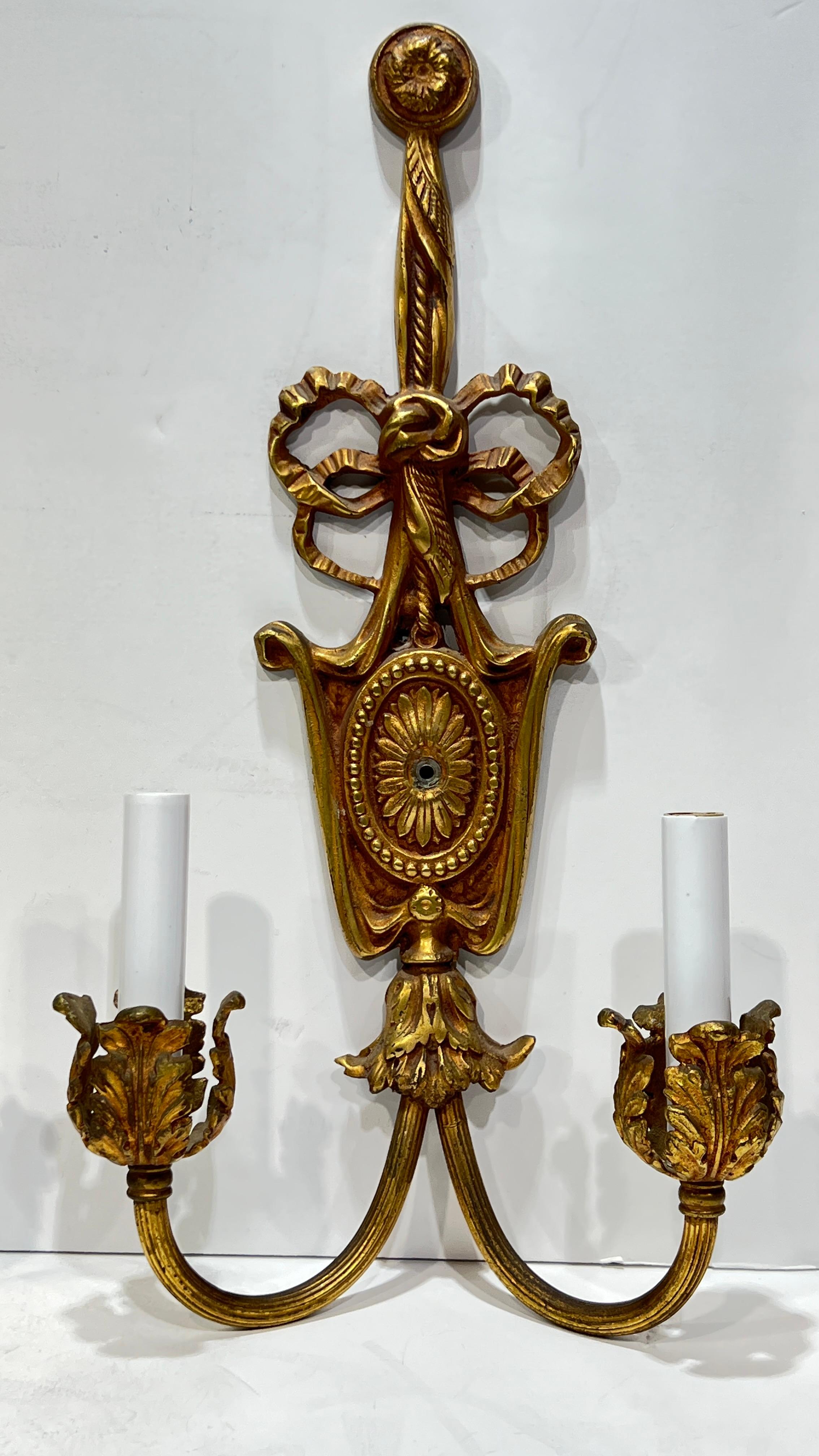 Pair Antique Gilt Bronze French Neoclassical 2-Light Sconces (Vergoldet) im Angebot