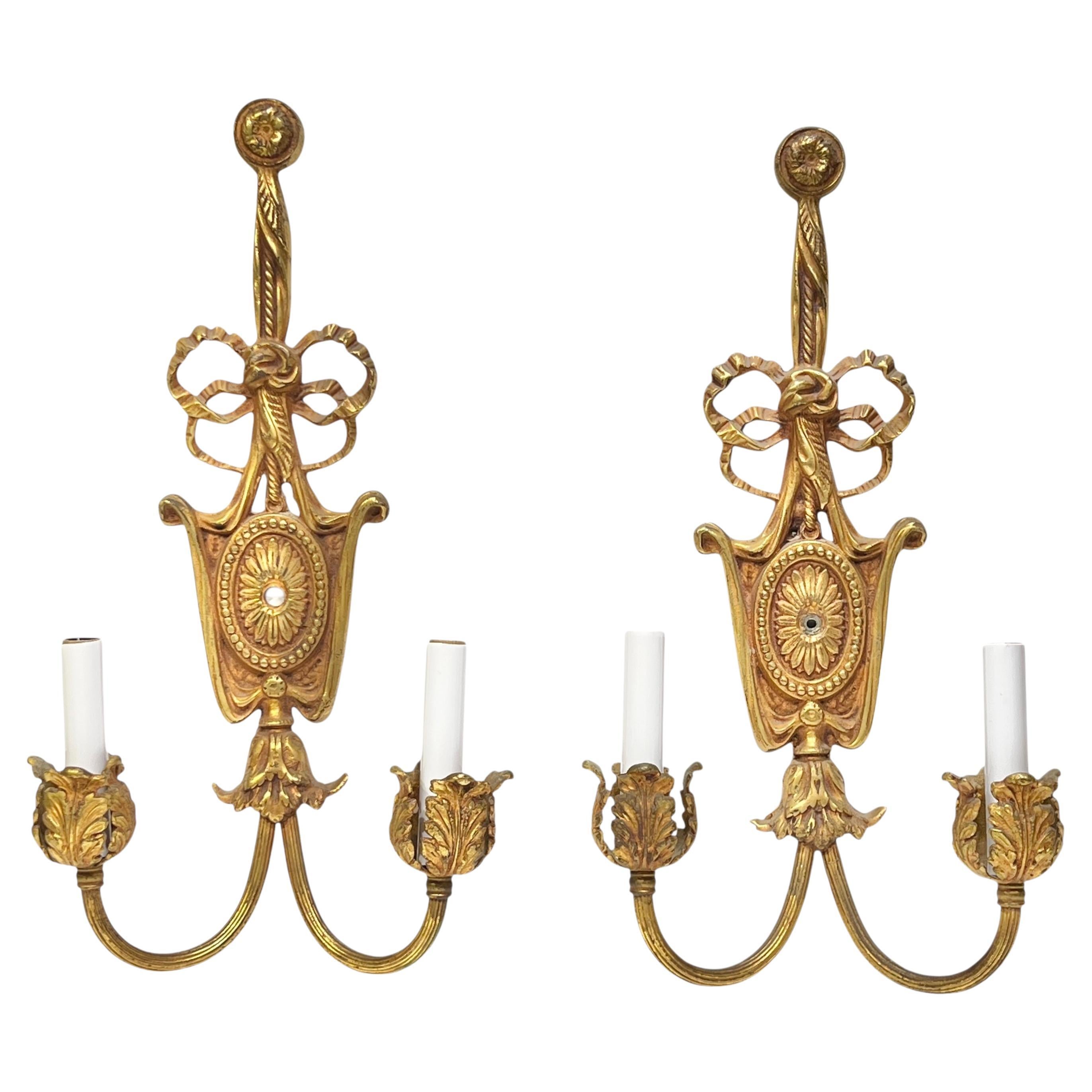 Pair Antique Gilt Bronze French Neoclassical 2-Light Sconces