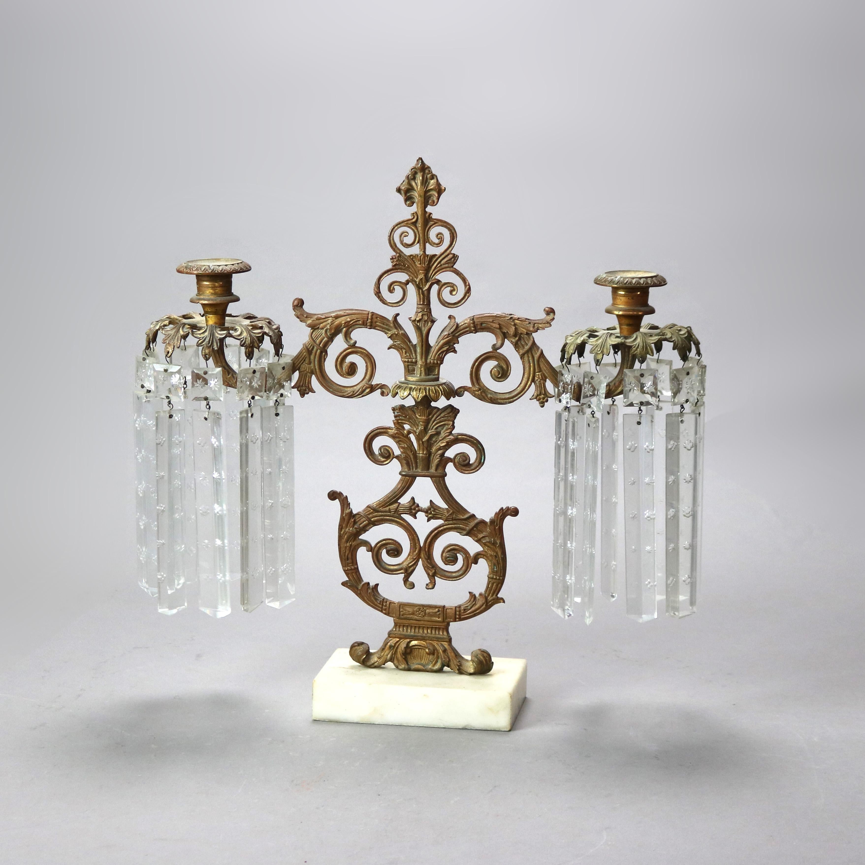 Pair Antique Gilt Bronze, Marble & Cut Crystal Foliate Form Girandoles C1890 6