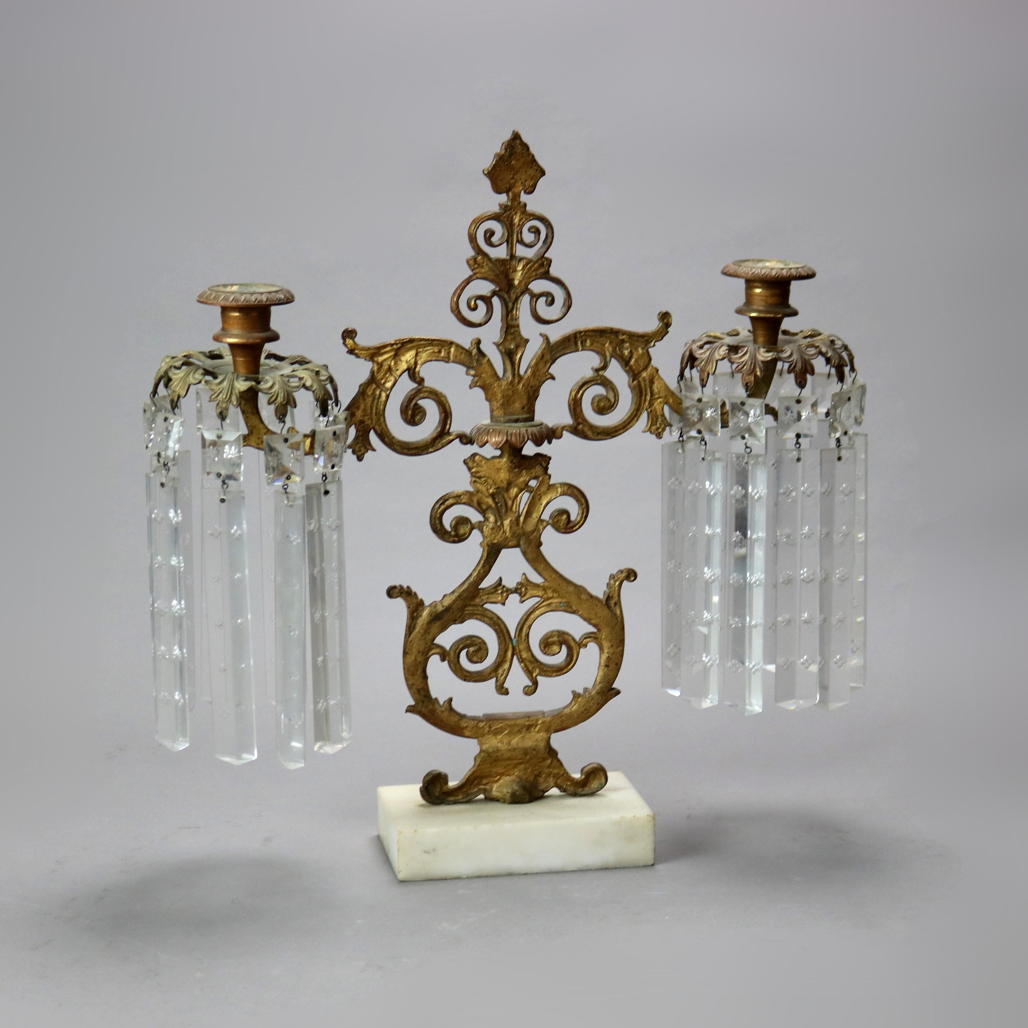 Pair Antique Gilt Bronze, Marble & Cut Crystal Foliate Form Girandoles C1890 8