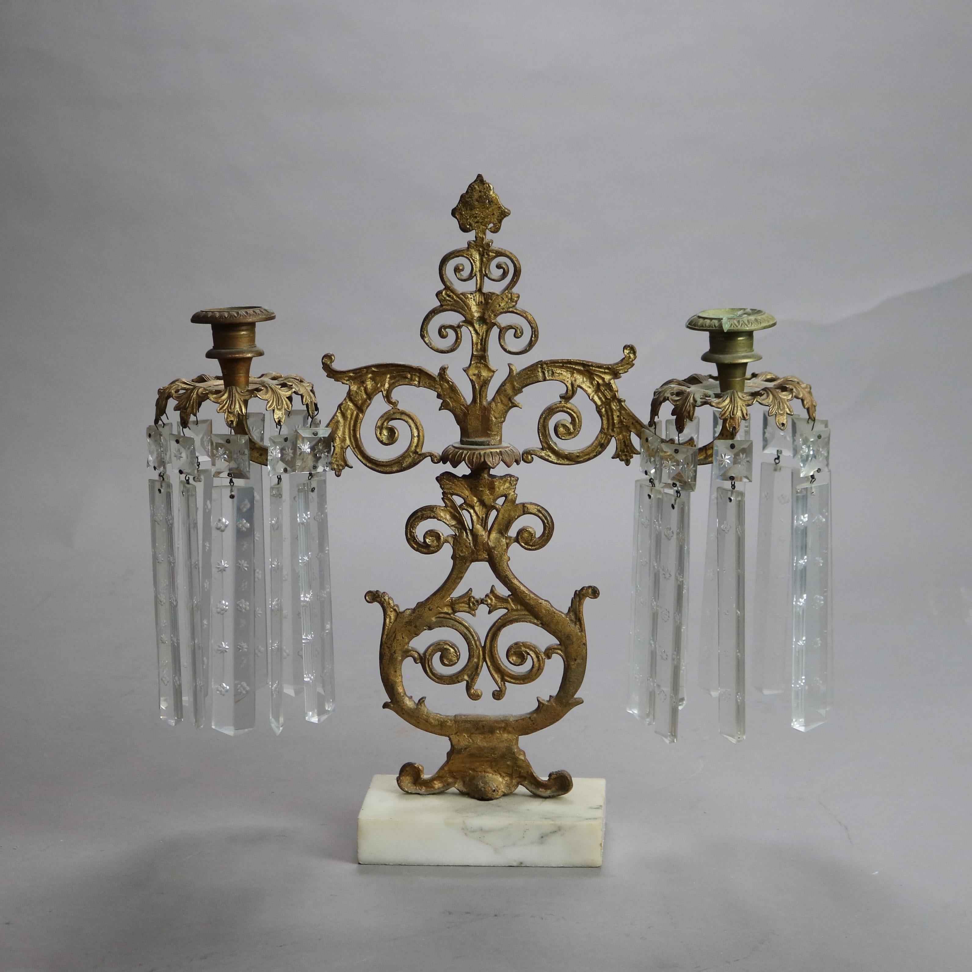 Pair Antique Gilt Bronze, Marble & Cut Crystal Foliate Form Girandoles C1890

Measures - 15 7/8
