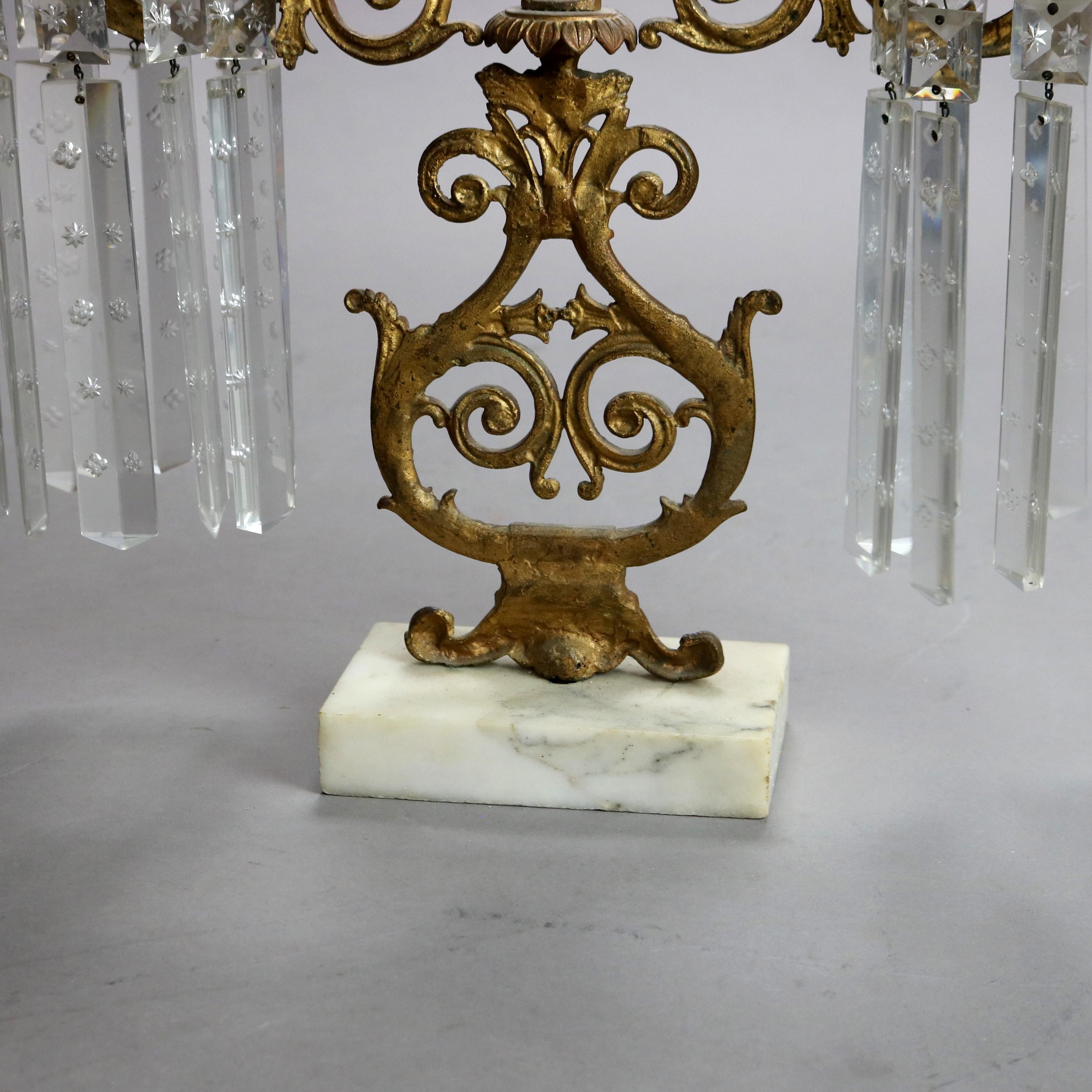 Pair Antique Gilt Bronze, Marble & Cut Crystal Foliate Form Girandoles C1890 In Good Condition In Big Flats, NY