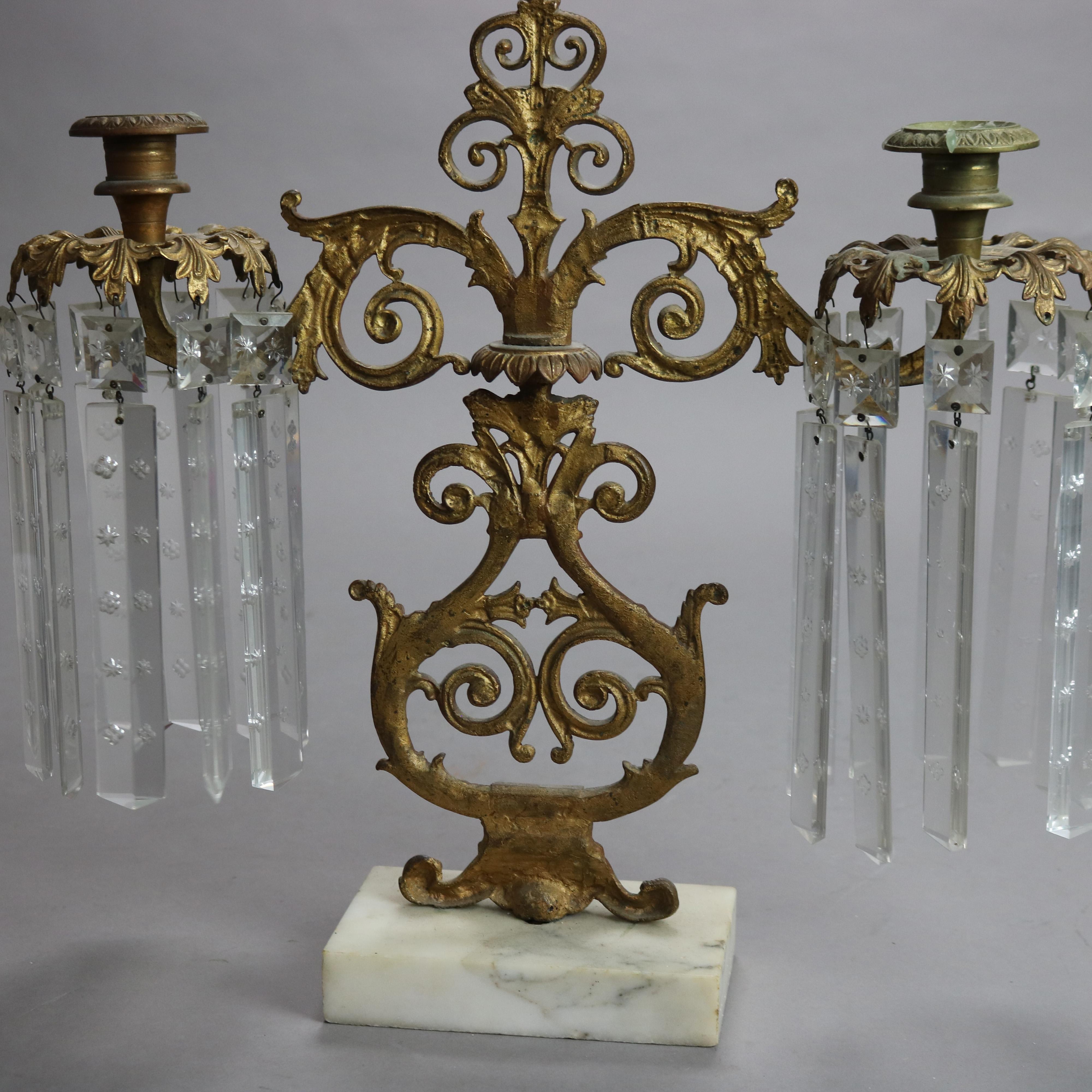 19th Century Pair Antique Gilt Bronze, Marble & Cut Crystal Foliate Form Girandoles C1890