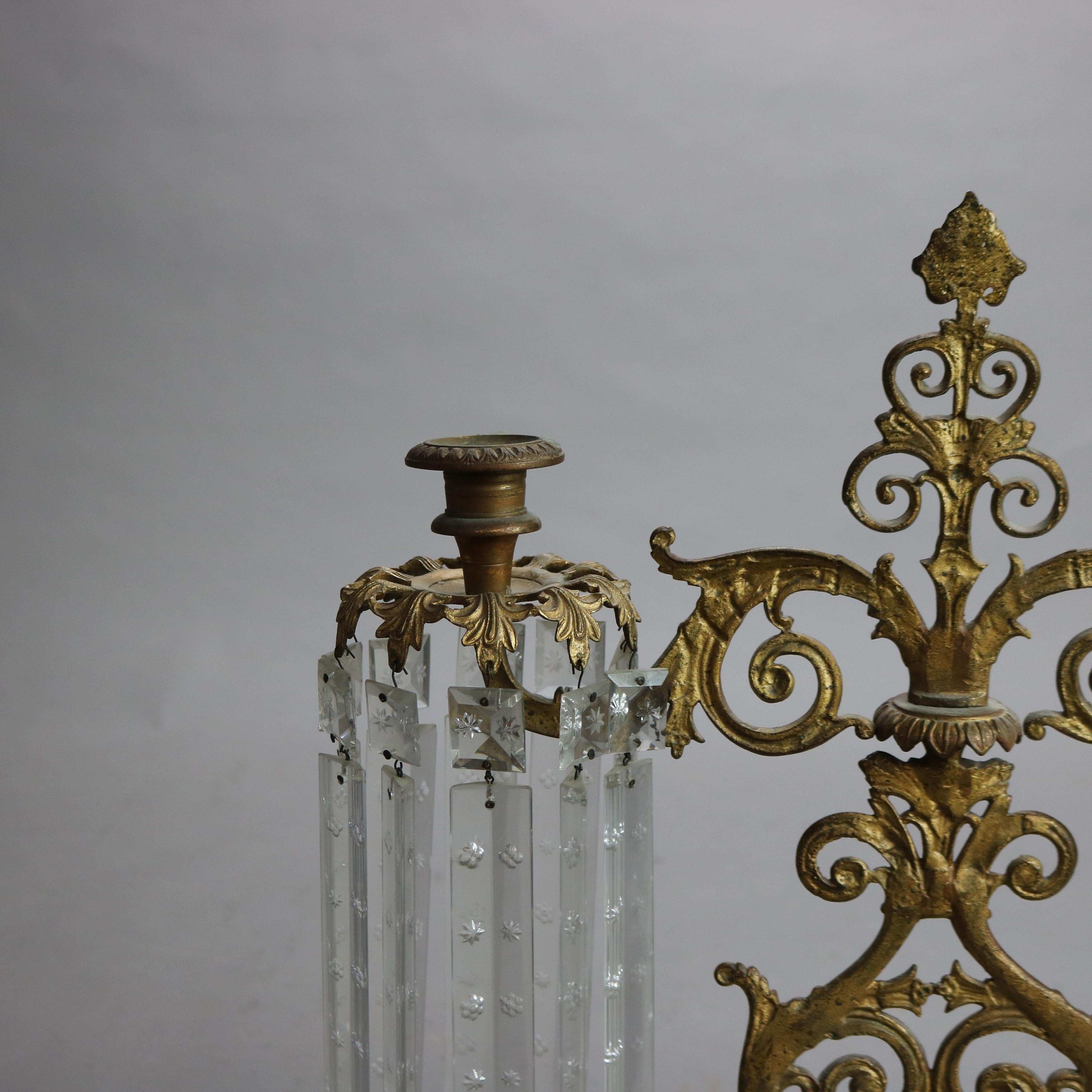 Pair Antique Gilt Bronze, Marble & Cut Crystal Foliate Form Girandoles C1890 1
