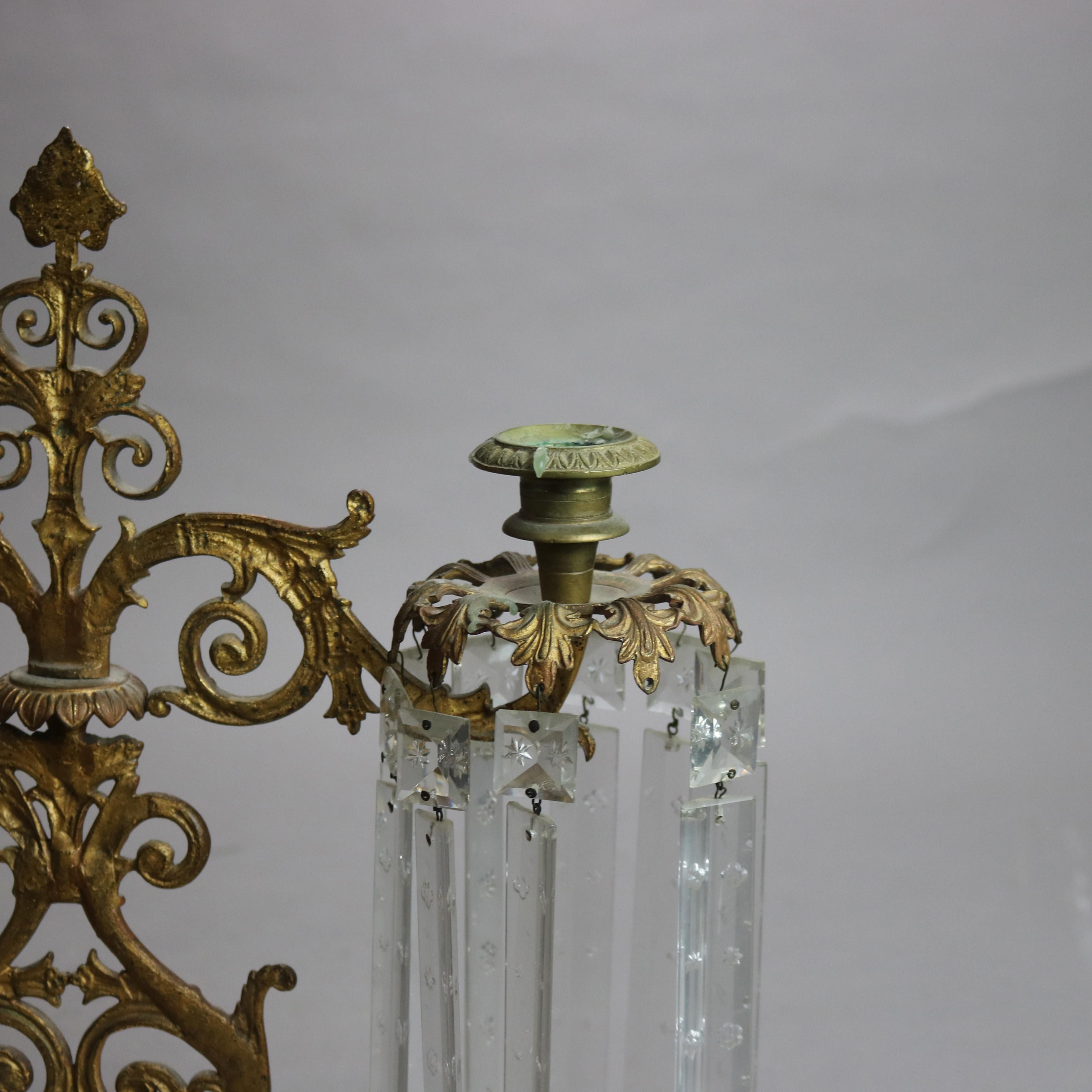Pair Antique Gilt Bronze, Marble & Cut Crystal Foliate Form Girandoles C1890 2