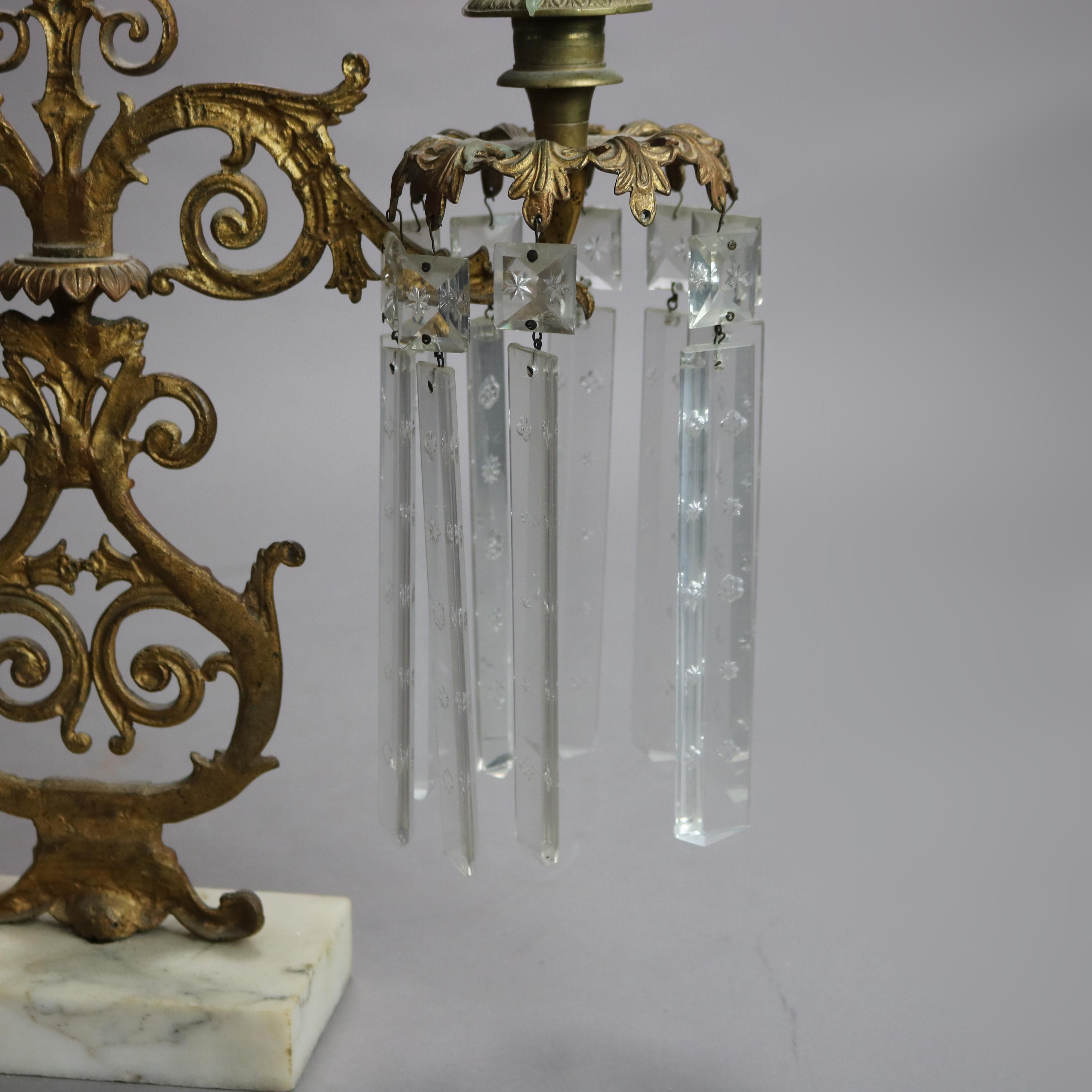 Pair Antique Gilt Bronze, Marble & Cut Crystal Foliate Form Girandoles C1890 3