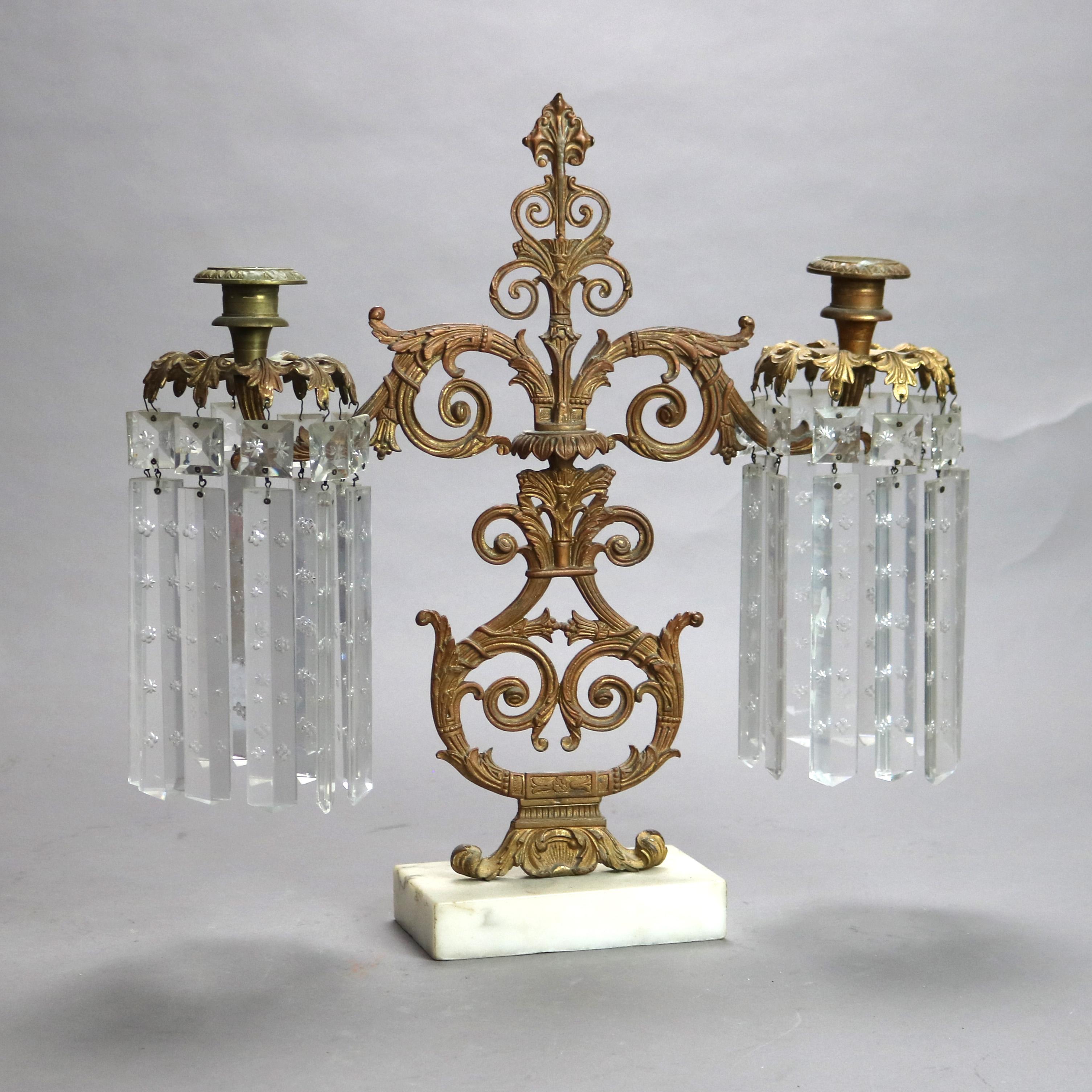 Pair Antique Gilt Bronze, Marble & Cut Crystal Foliate Form Girandoles C1890 4