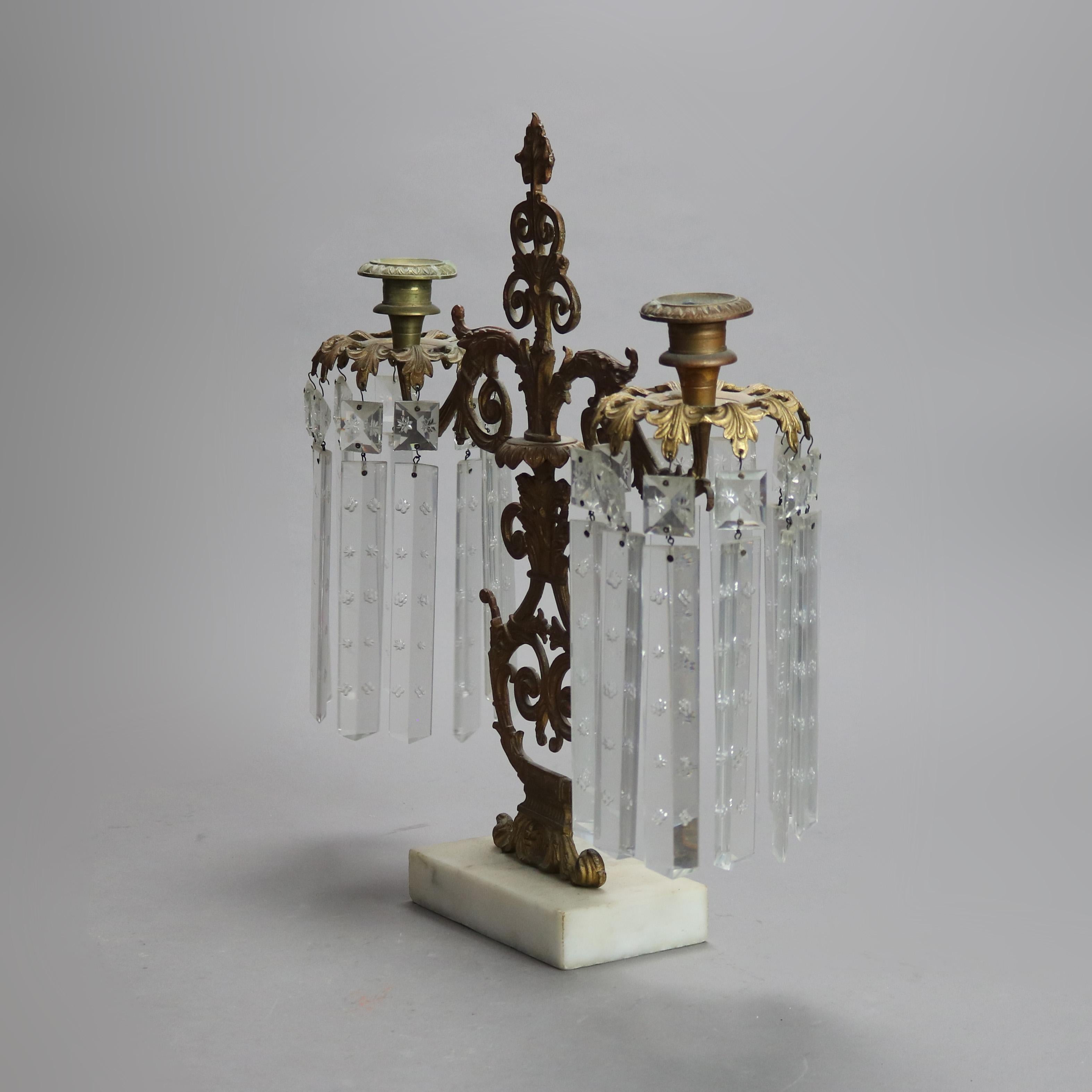 Pair Antique Gilt Bronze, Marble & Cut Crystal Foliate Form Girandoles C1890 5