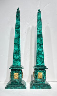 Pair Antique Gilt Bronze Mounted Malachite Obelisks in French Empire Style