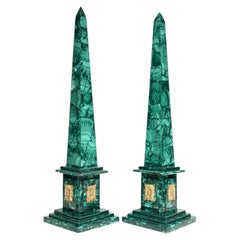 Pair Antique Gilt Bronze Mounted Malachite Obelisks in French Empire Style