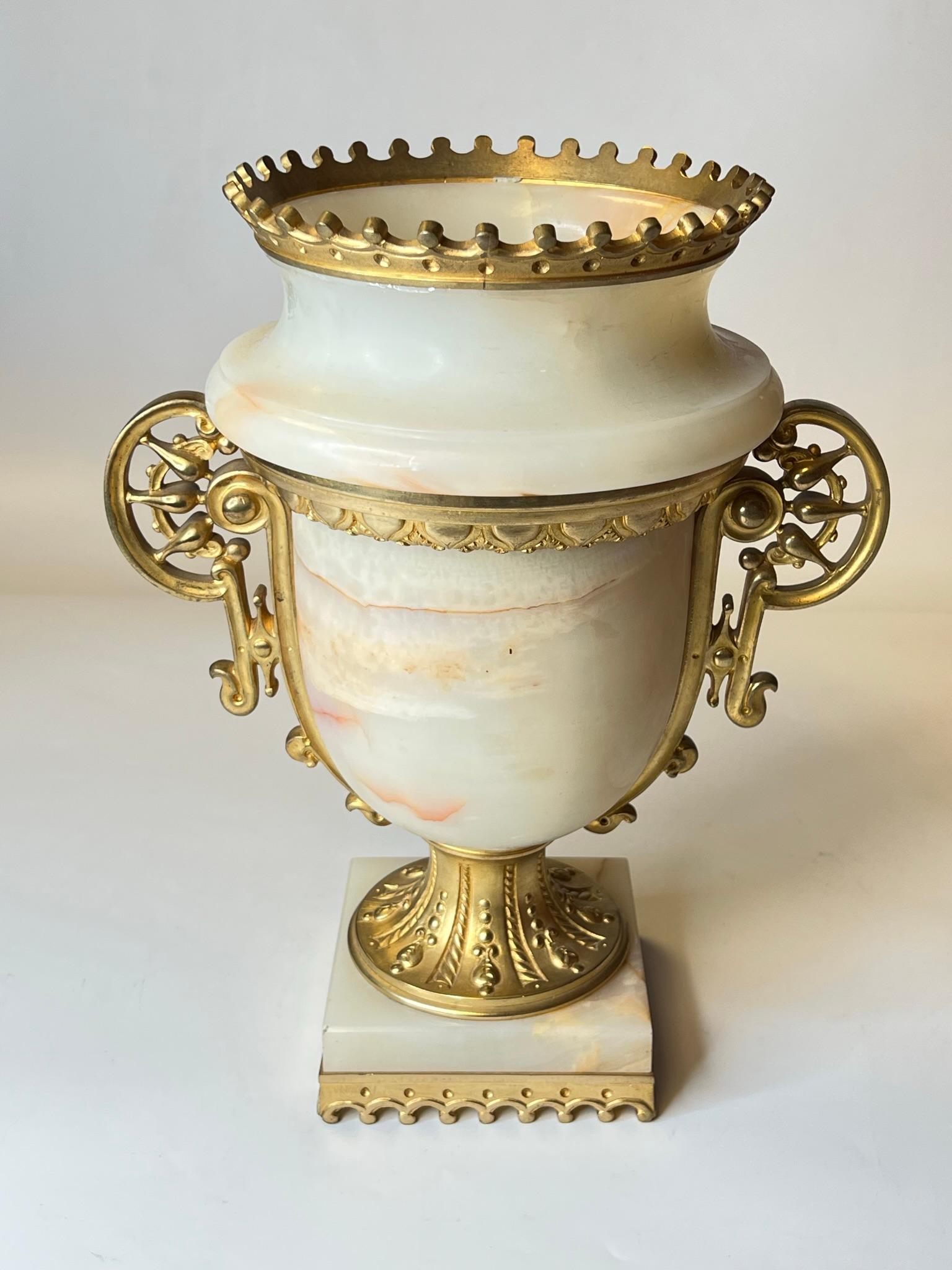 Pair Antique Gilt Bronze Mounted Onyx Urns in Neoclassical Style For Sale 13