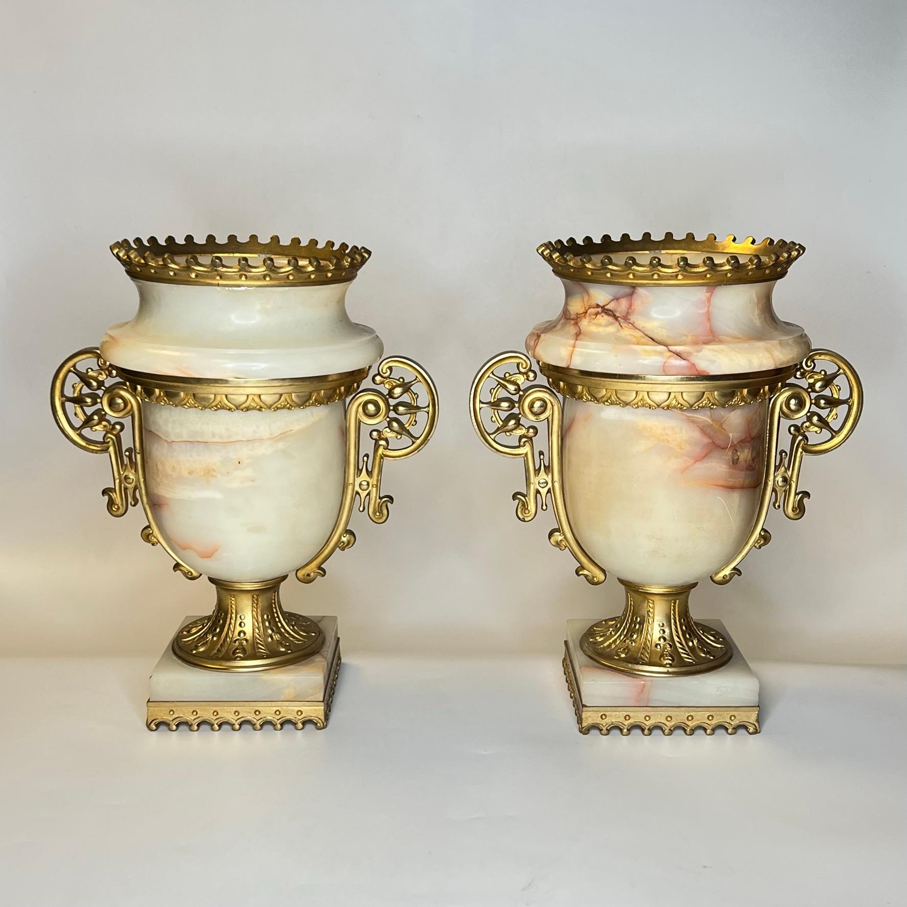 Renaissance Revival Pair Antique Gilt Bronze Mounted Onyx Urns in Neoclassical Style For Sale