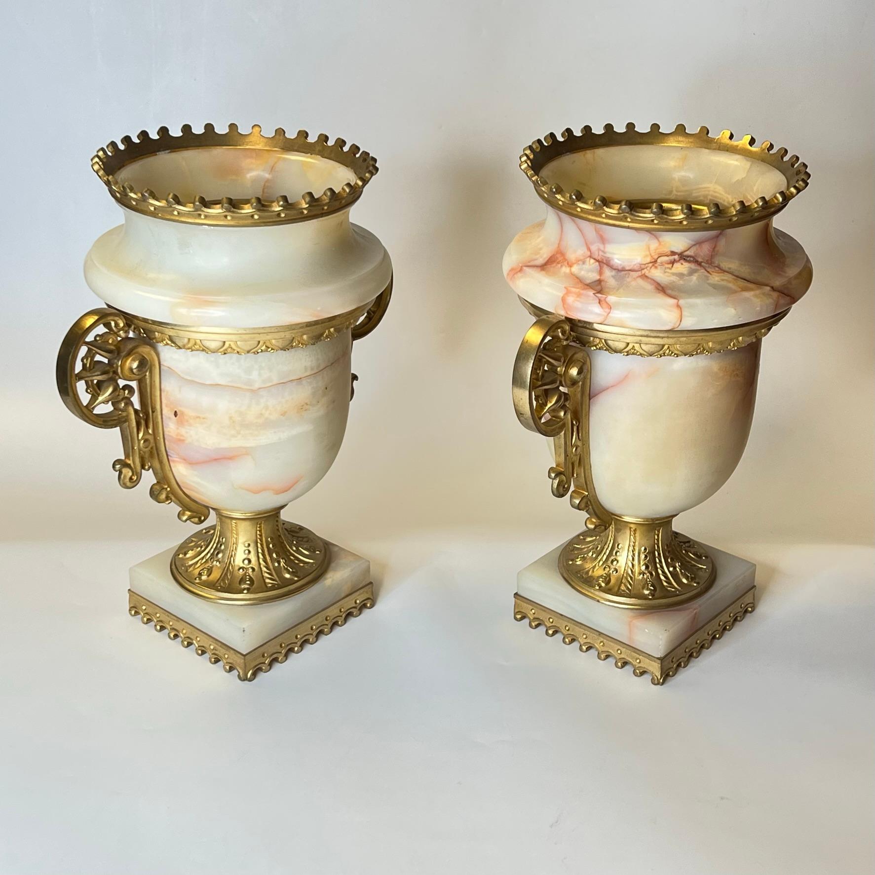 19th Century Pair Antique Gilt Bronze Mounted Onyx Urns in Neoclassical Style For Sale