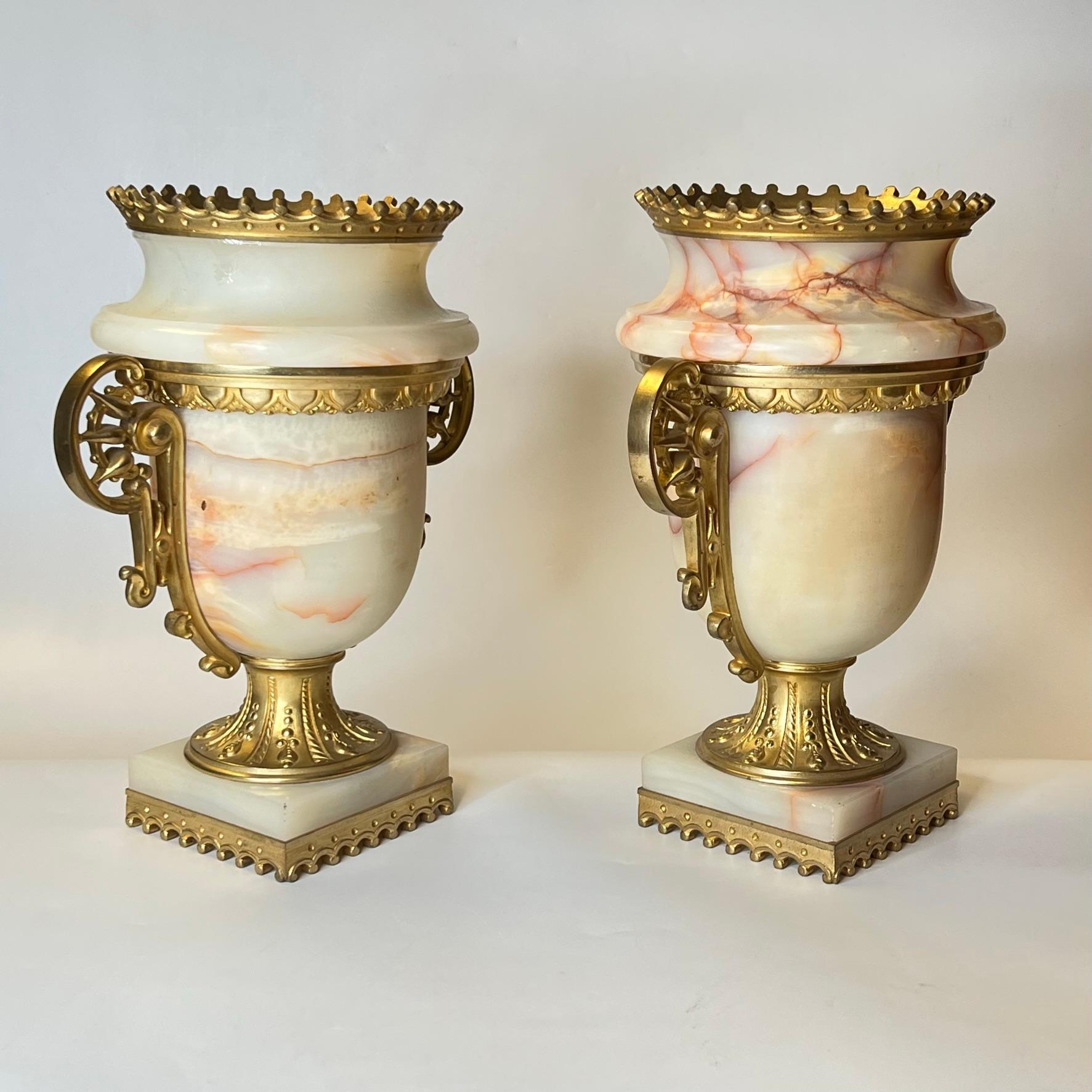 Pair Antique Gilt Bronze Mounted Onyx Urns in Neoclassical Style For Sale 1