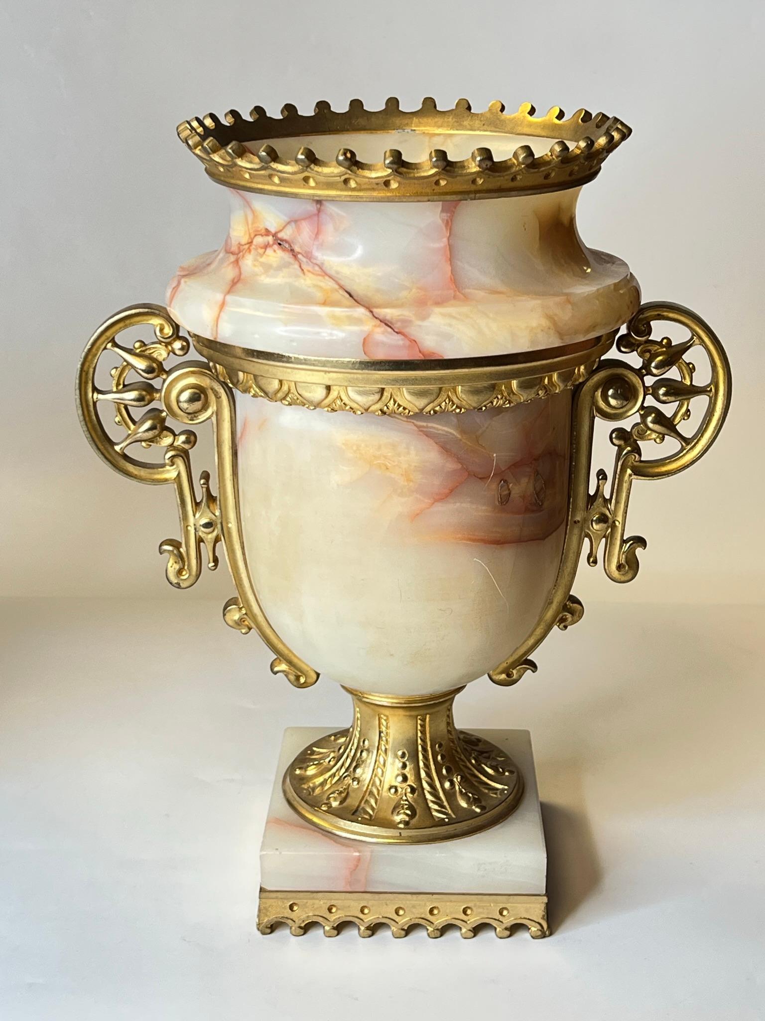 Pair Antique Gilt Bronze Mounted Onyx Urns in Neoclassical Style For Sale 3