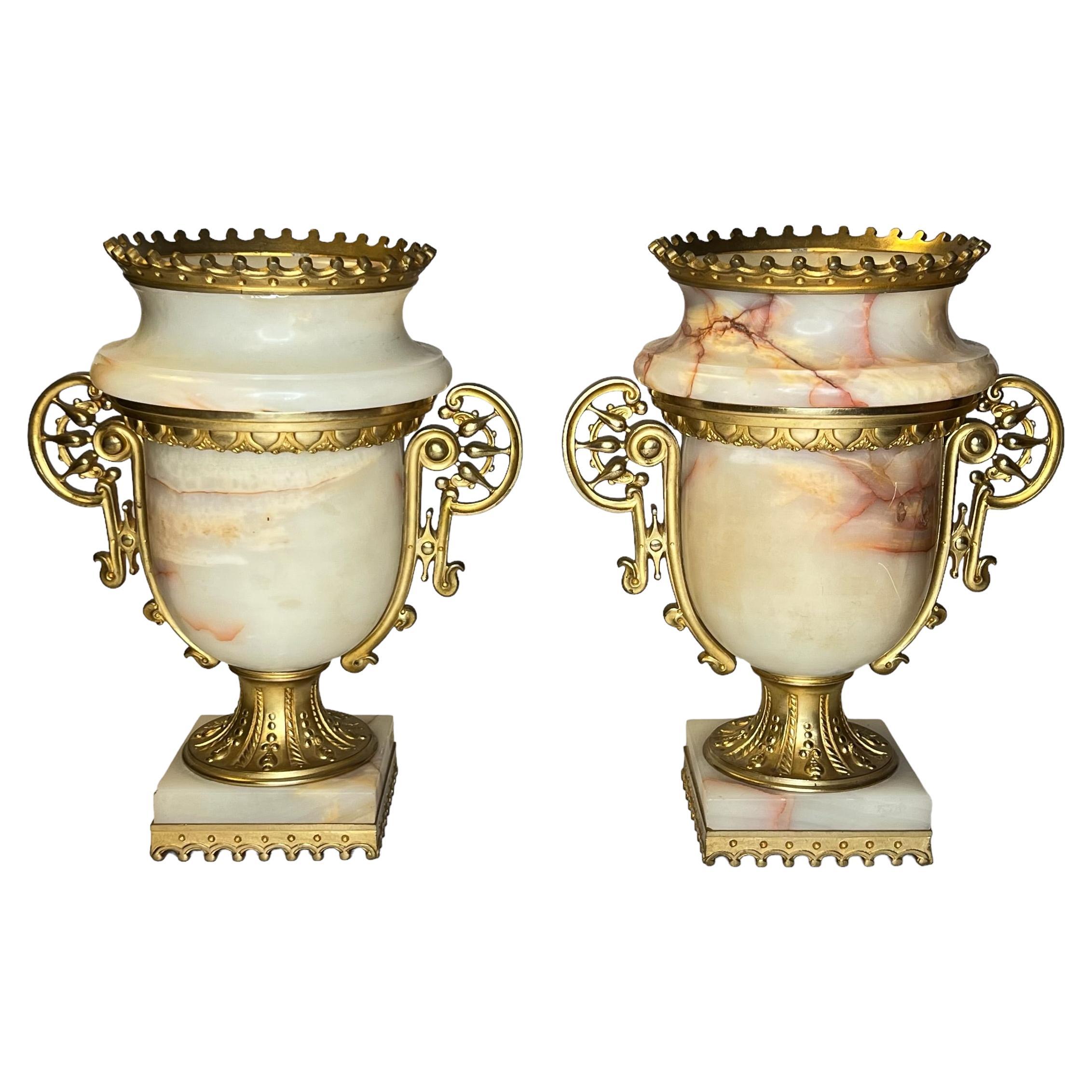 Pair Antique Gilt Bronze Mounted Onyx Urns in Neoclassical Style For Sale