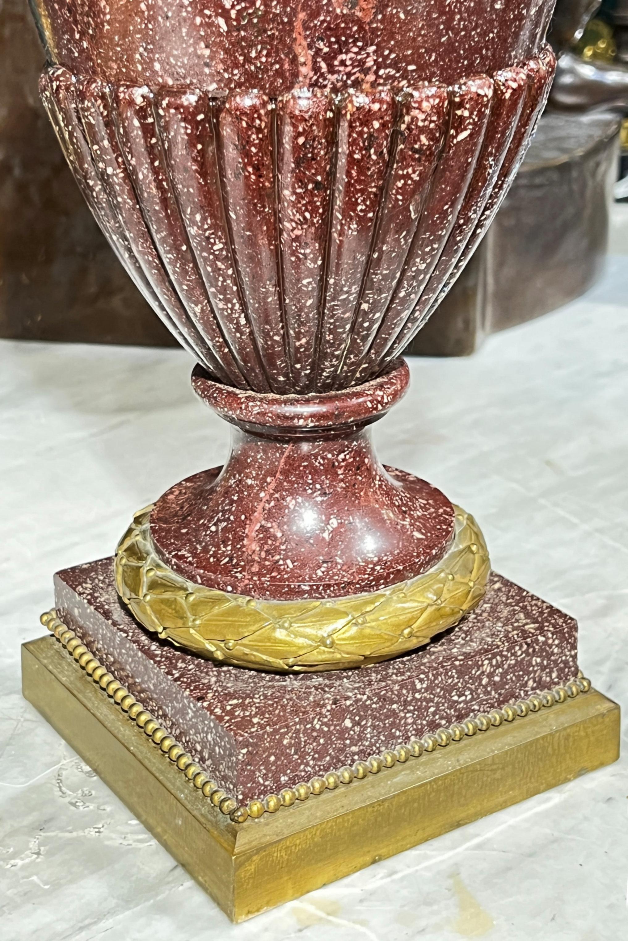 Pair Antique Gilt Bronze Mounted Porphyry Stone Urns For Sale at 1stDibs
