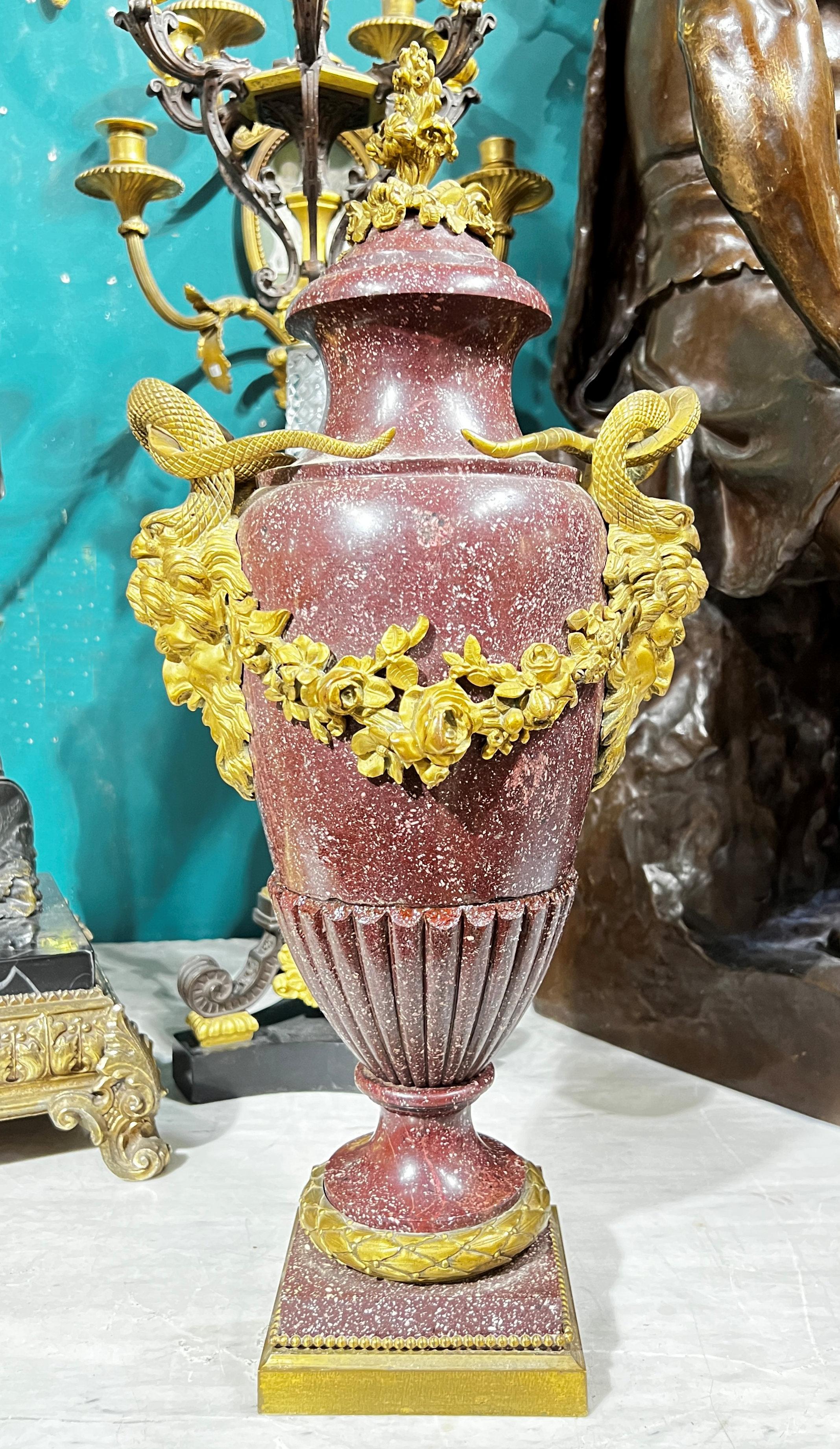 Pair Antique Gilt Bronze Mounted Porphyry Stone Urns For Sale at 1stDibs