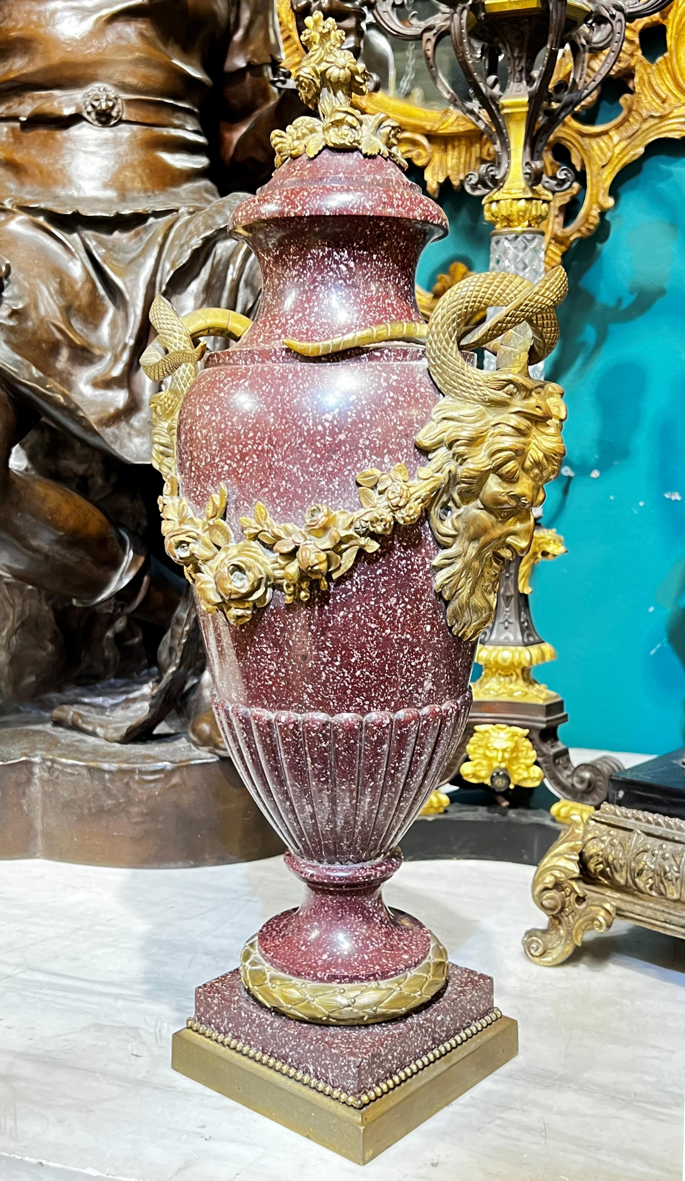 Pair Antique Gilt Bronze Mounted Porphyry Stone Urns For Sale at 1stDibs