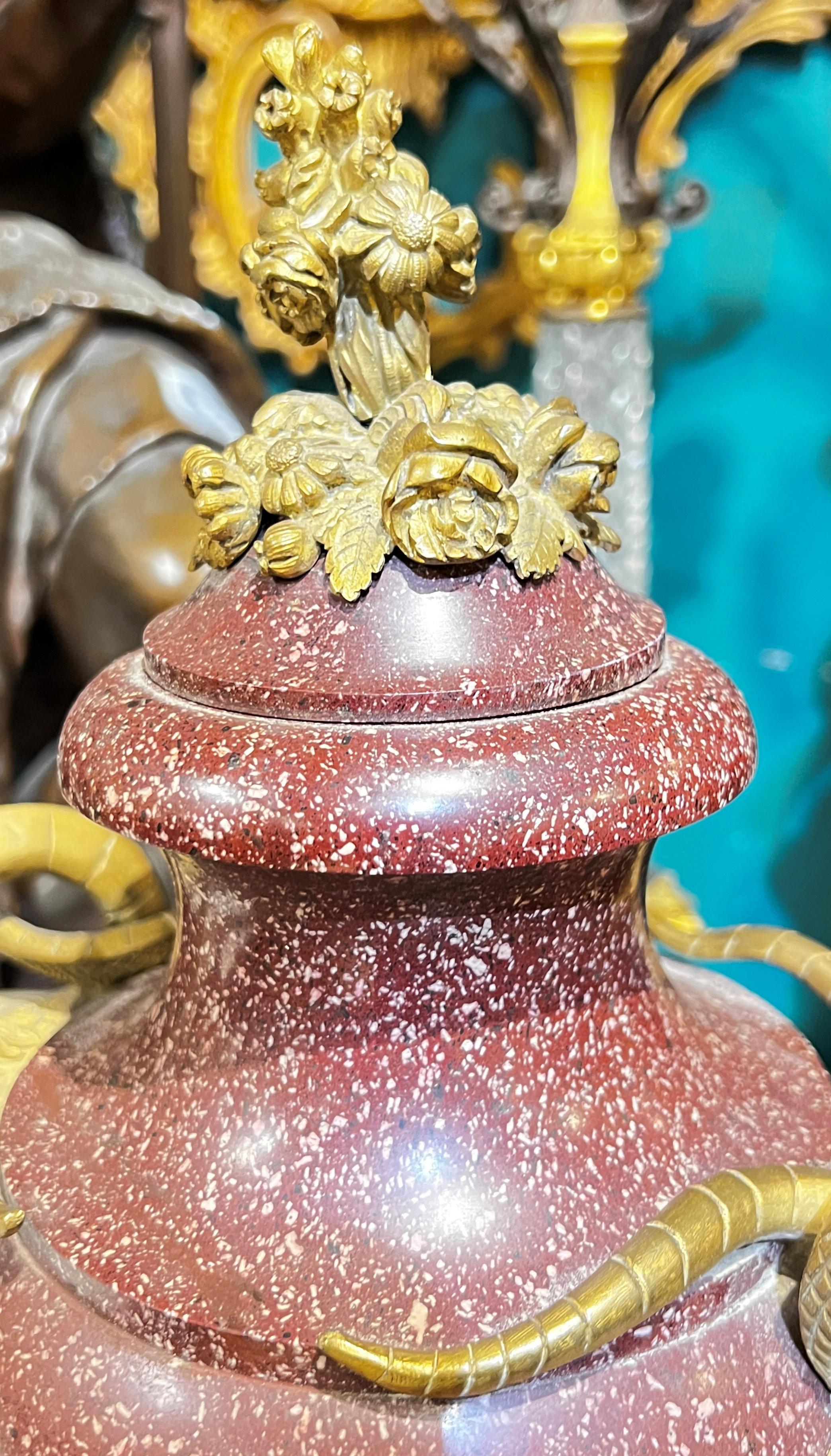 Pair Antique Gilt Bronze Mounted Porphyry Stone Urns For Sale at 1stDibs