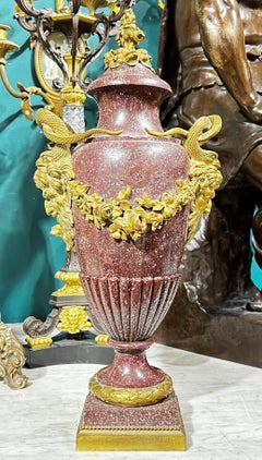 Pair Antique Gilt Bronze Mounted Porphyry Stone Urns