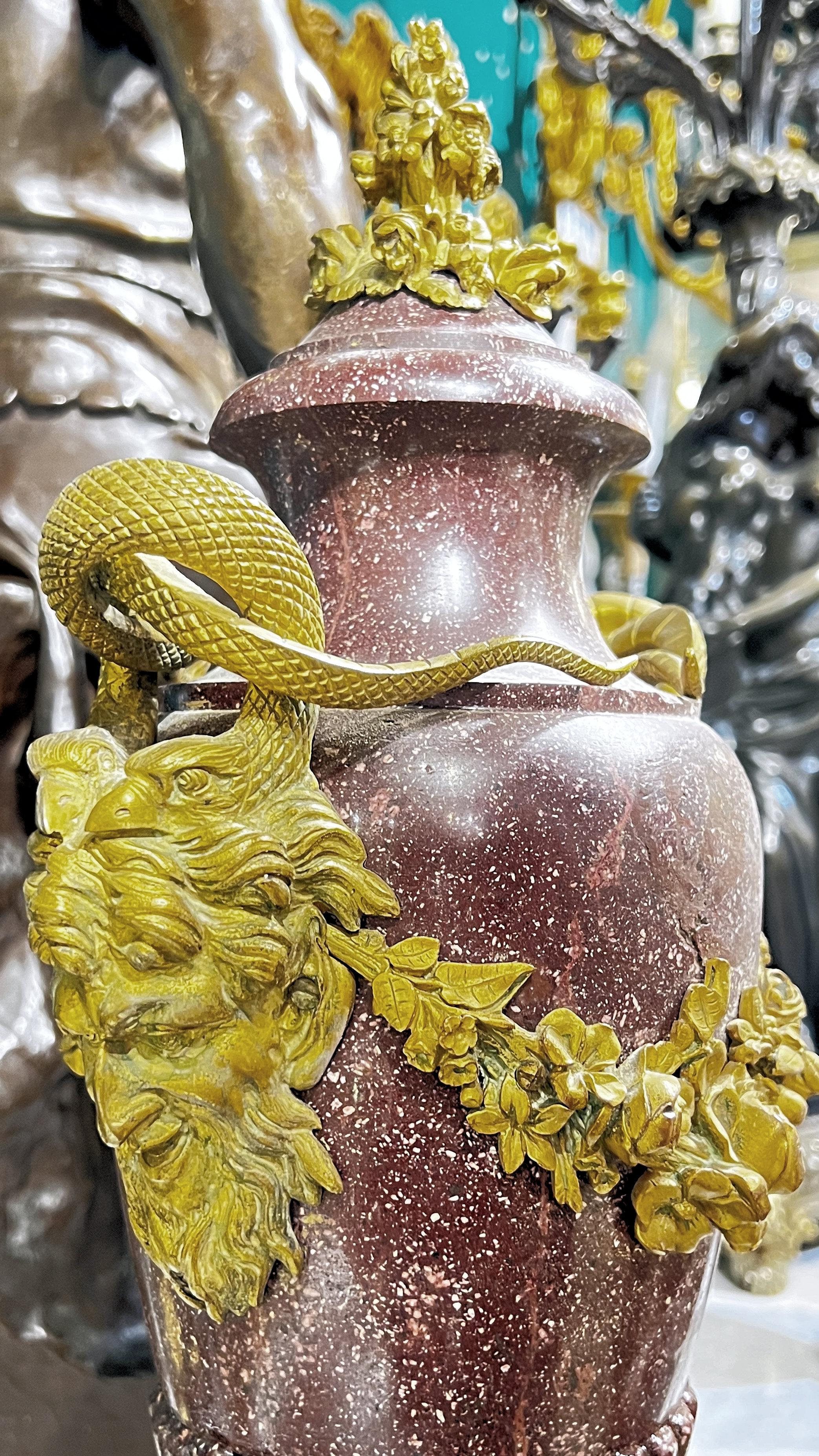 Pair Antique Gilt Bronze Mounted Porphyry Stone Urns For Sale at 1stDibs