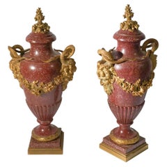 Pair Antique Gilt Bronze Mounted Porphyry Stone Urns