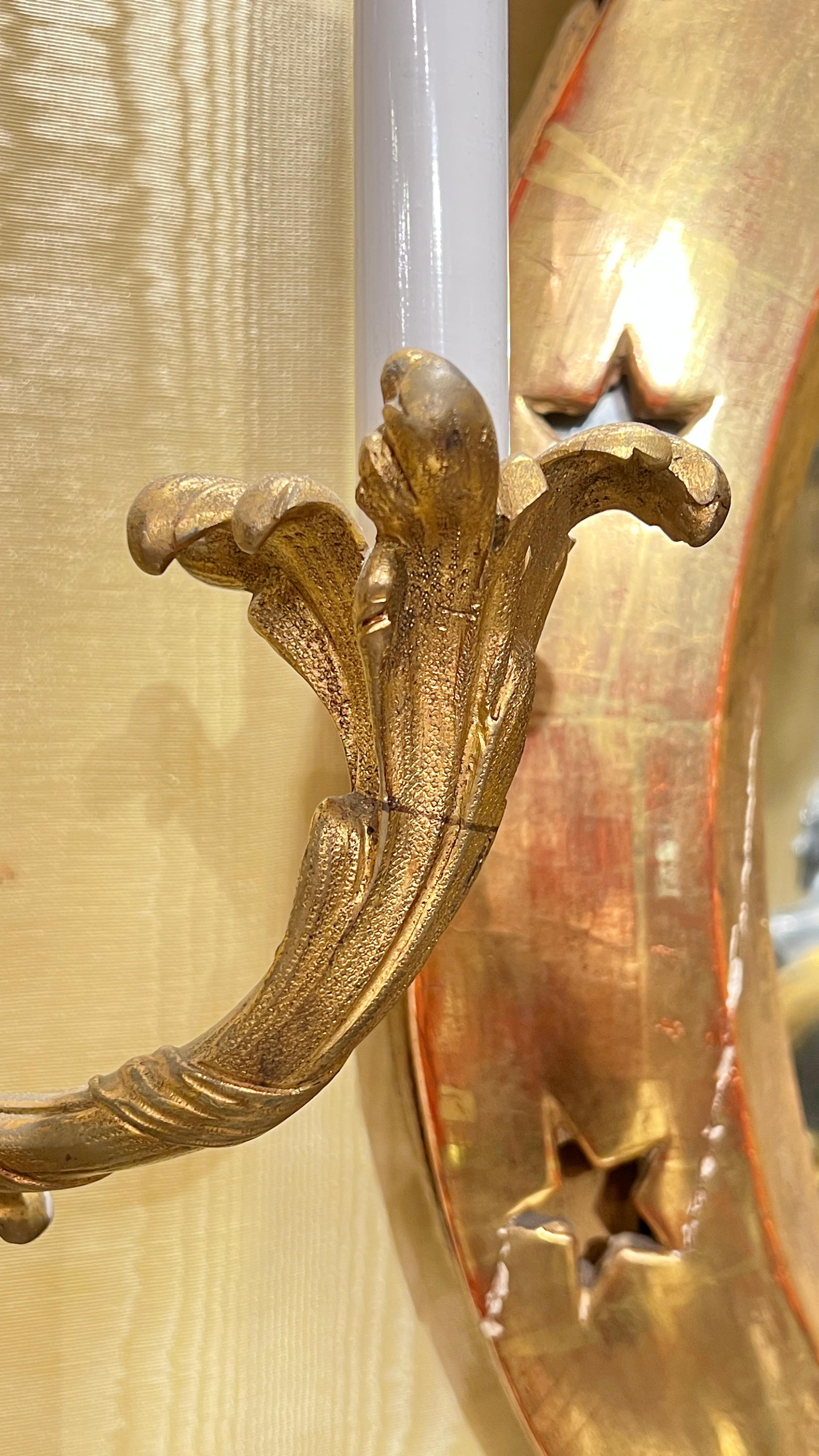 Louis XVI Pair Antique Gilt Bronze Three-Light Sconces in French Louis XV XVI Style For Sale